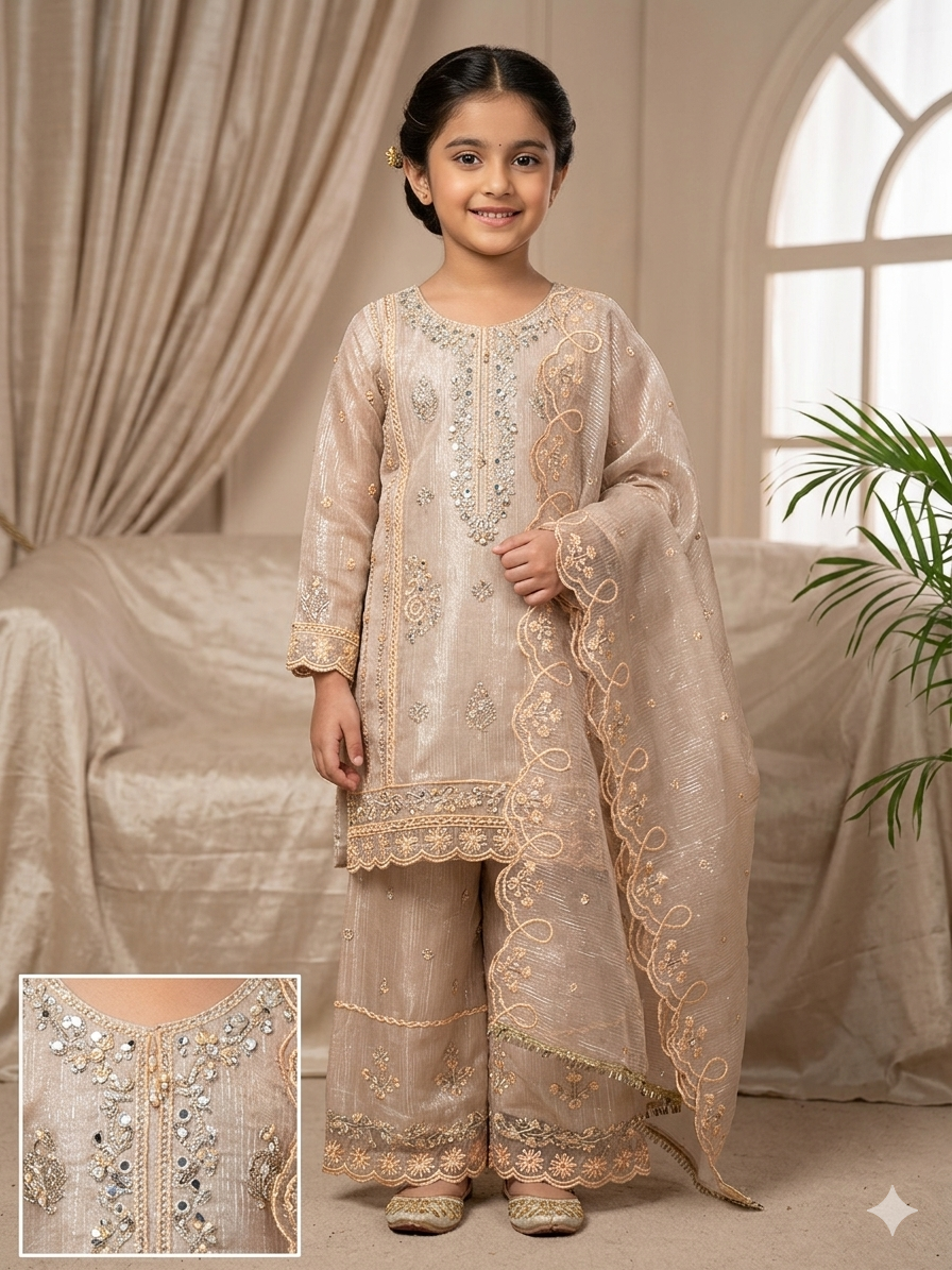 BMK-003 | Girls' Peach Shimmer Silk Embroidered 3-Piece suit