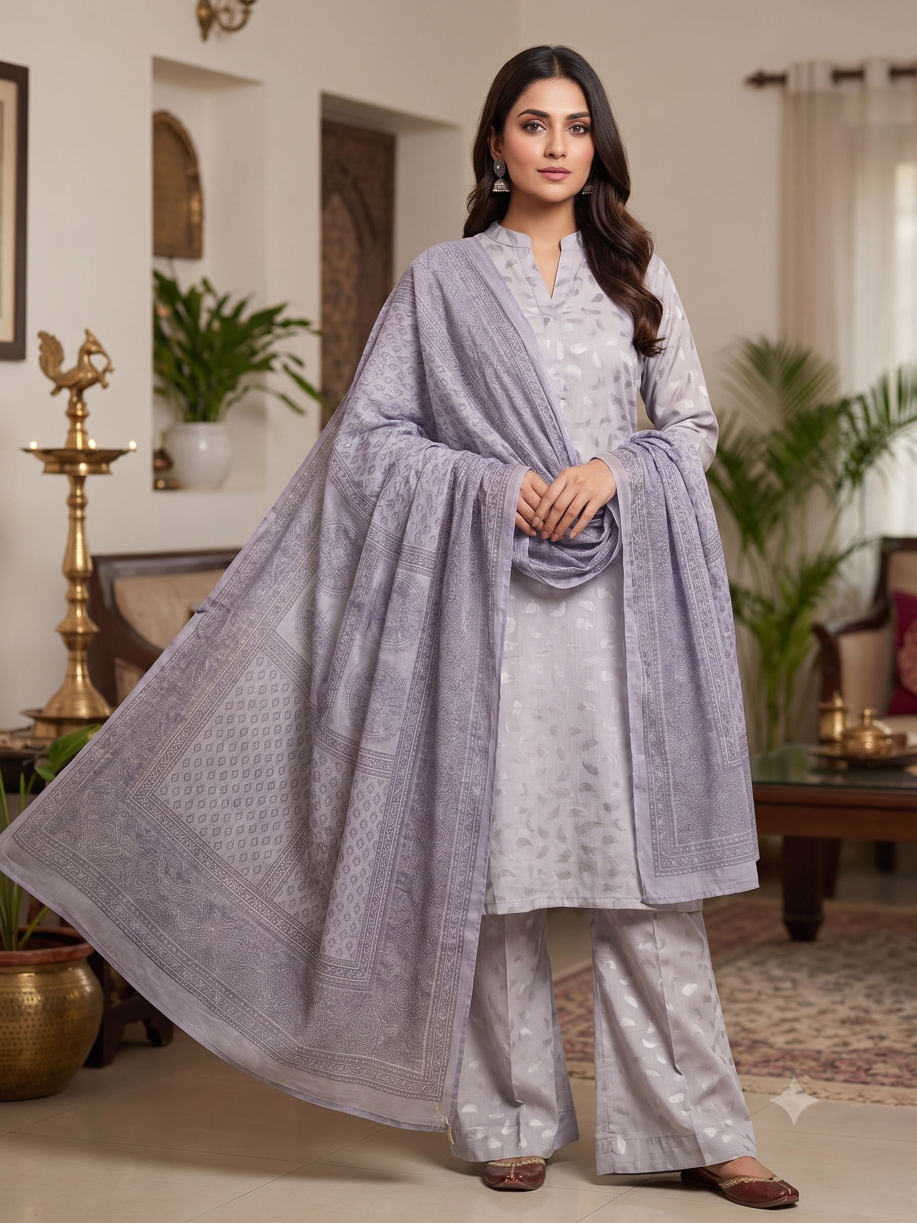 BM-SLK-3PC-003 Light Grey Silk 3 Piece Suit with Silver Printed Dupatta
