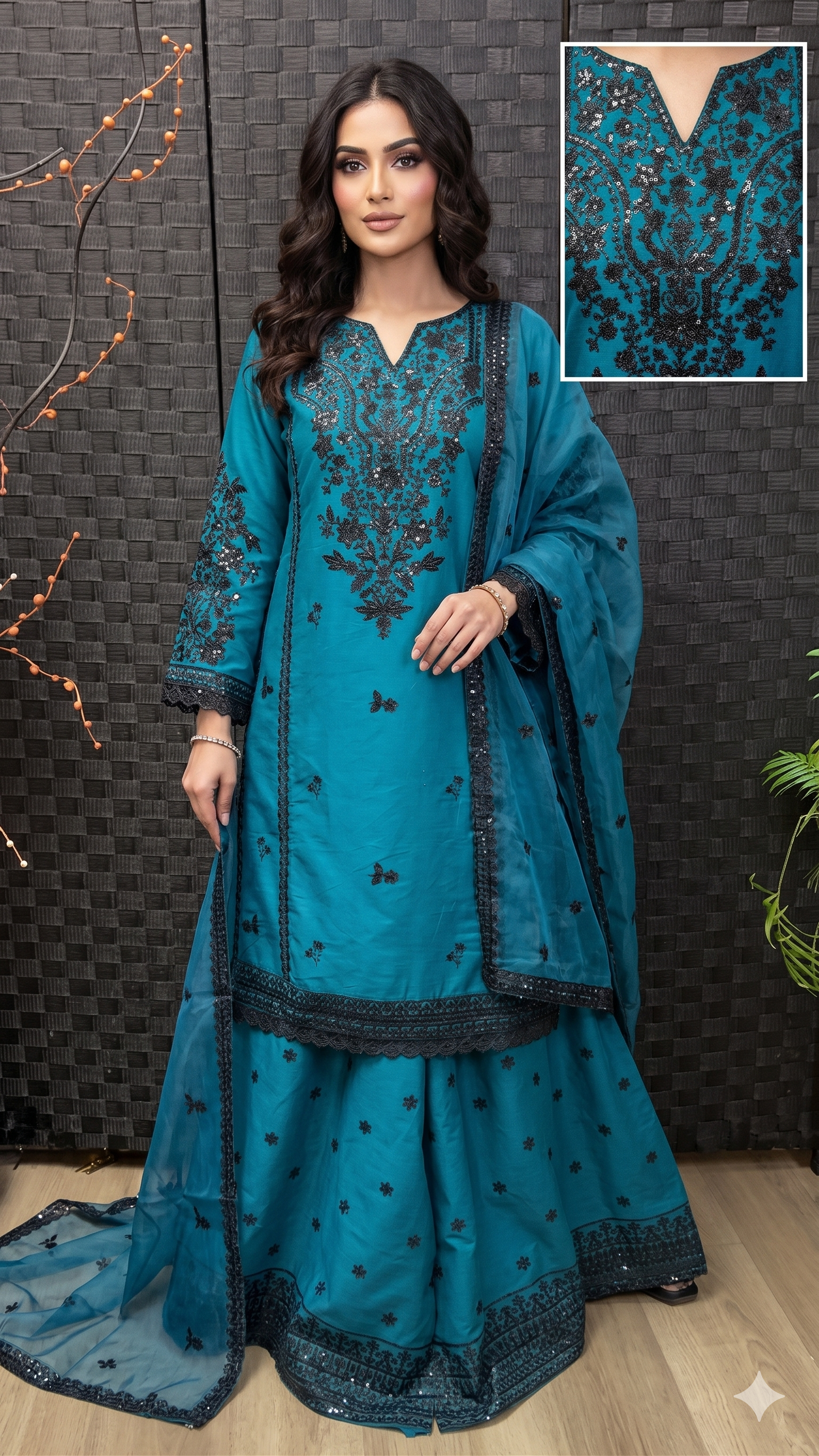 CE-01 Cotton Embroidered  Shirt & Sharara with Organza Dupatta | 3-Piece Suit