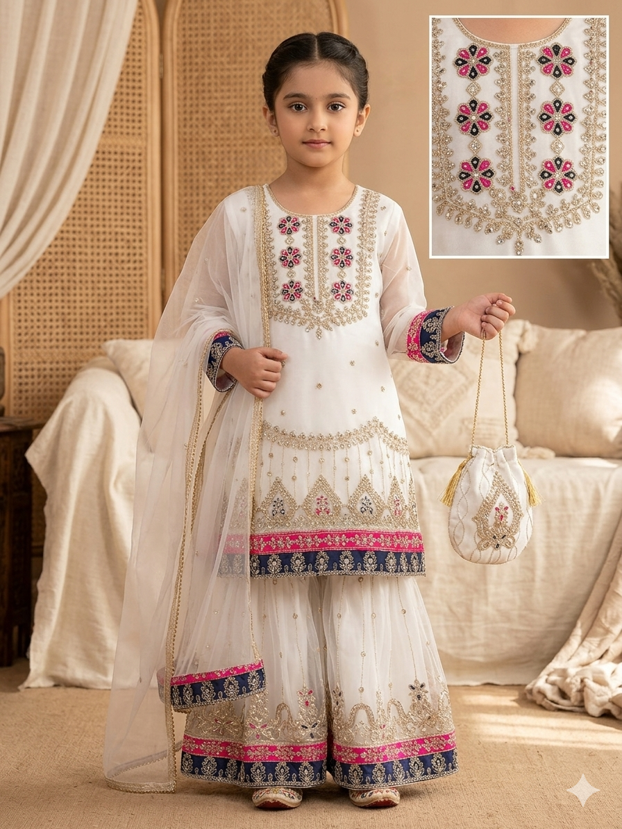 BMK-011 | Girls' White Net Embroidered Gharara Set with Matching Potli Bag
