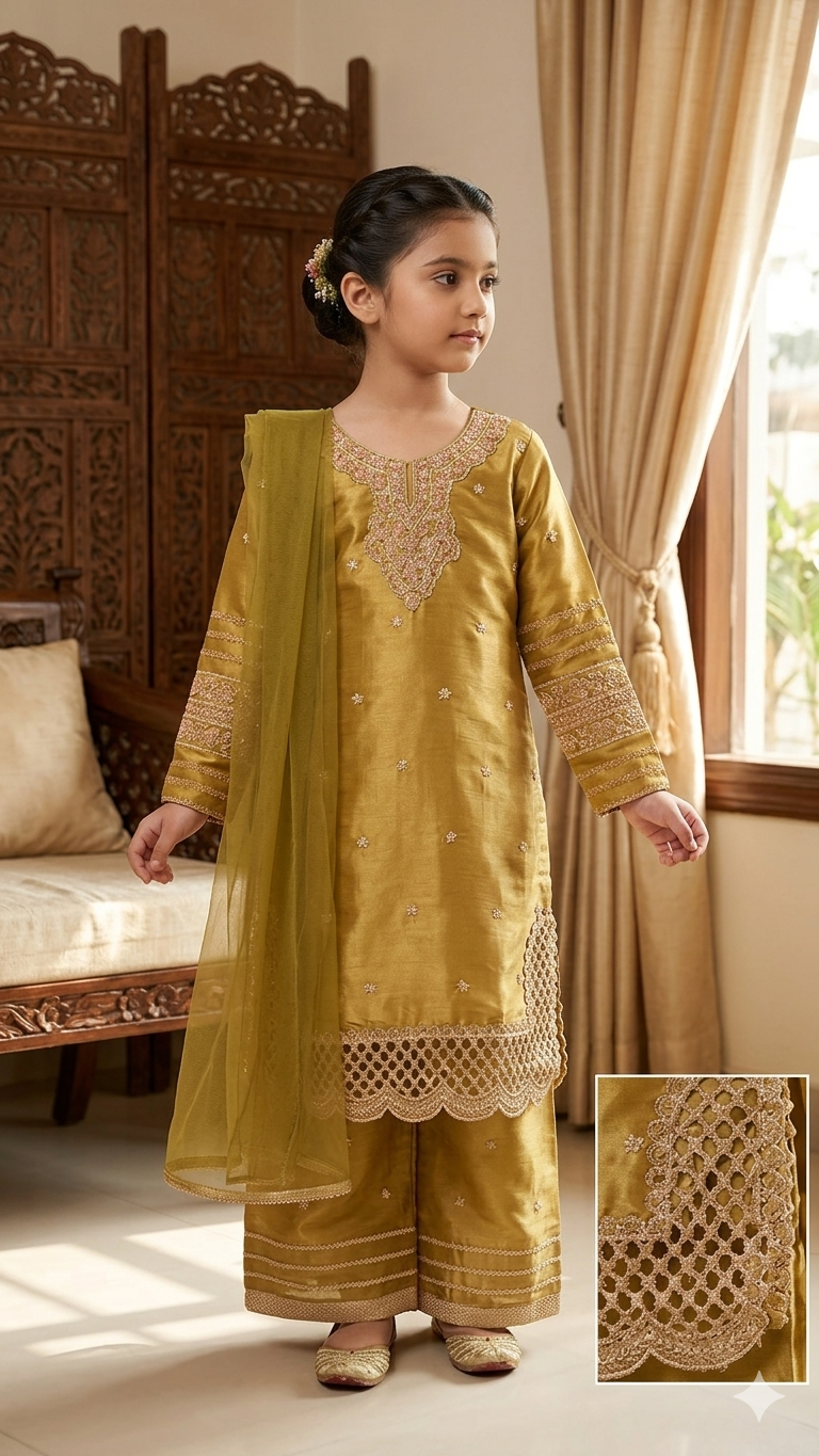 BMK-015 | Girls' Olive Mustard Shesha Silk Embroidered Suit