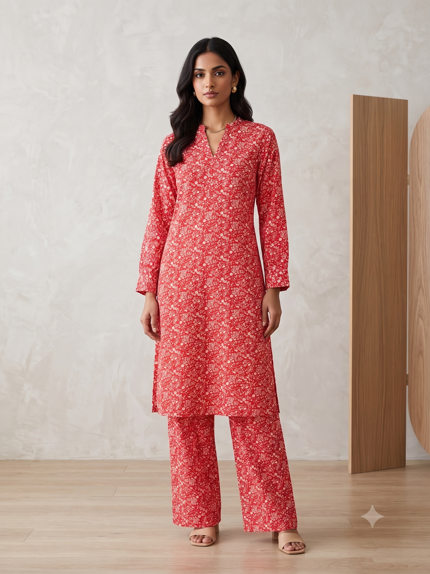 PC-08 Printed Linen Red White Matching Red White Neck Band Collar Button Placket Ditsy Floral Print 2PC Co-Ord Set