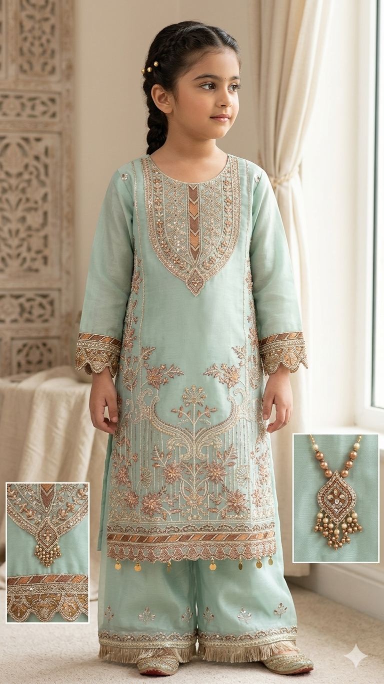 BMK-018 | Girls' Mint Silver Organza Fabric Copper Embroidered Suit