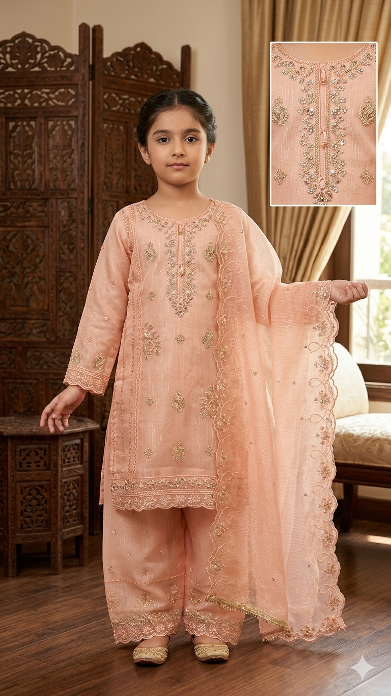 BMK-012 | Ivory Silk & Floral Tilla 3-Piece Set with Embroidered Dupatta