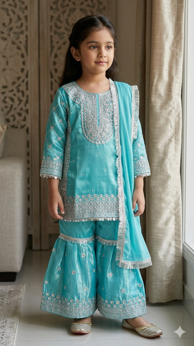 BMK-007 | Girls' Turquoise Silk Embroidered Kurti & Gharara Set