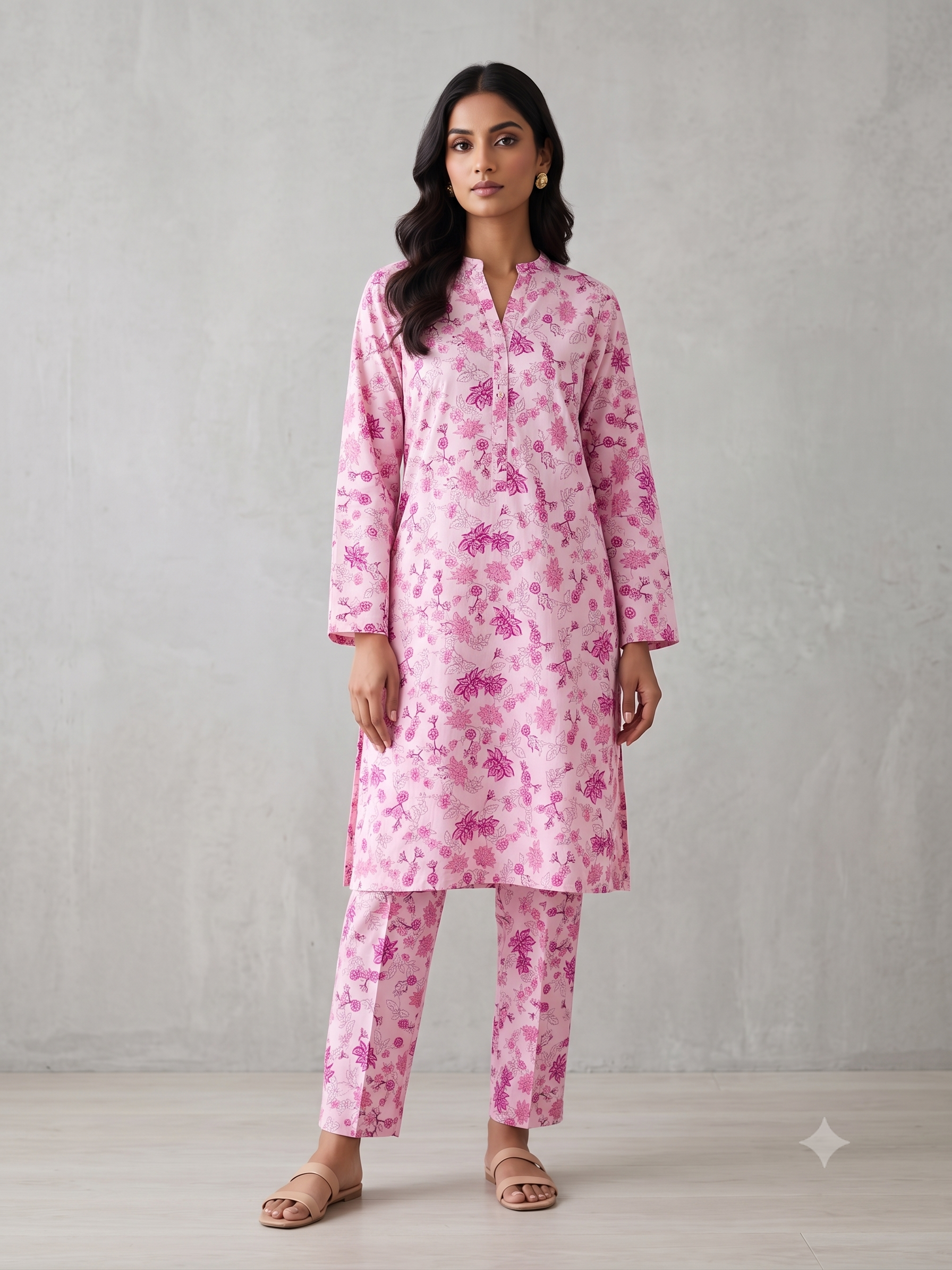 PC-06 Printed Linen Dusty Pink Matching Dusty Pink Neck V-Neck Button Placket Soft Floral Print 2PC Co-Ord Set