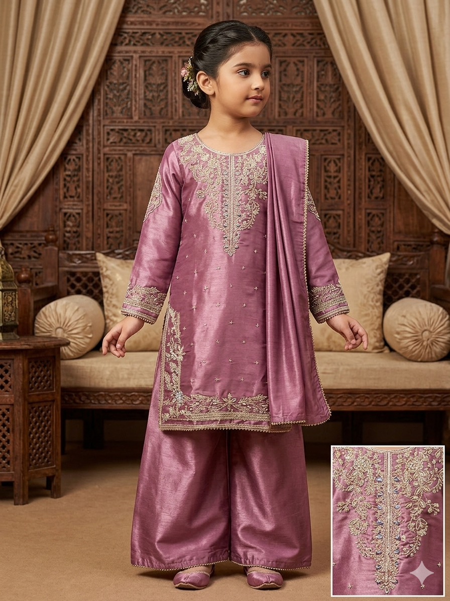 BMK-010 | Girls' Deep Pink Silk Embroidered Gharara Set