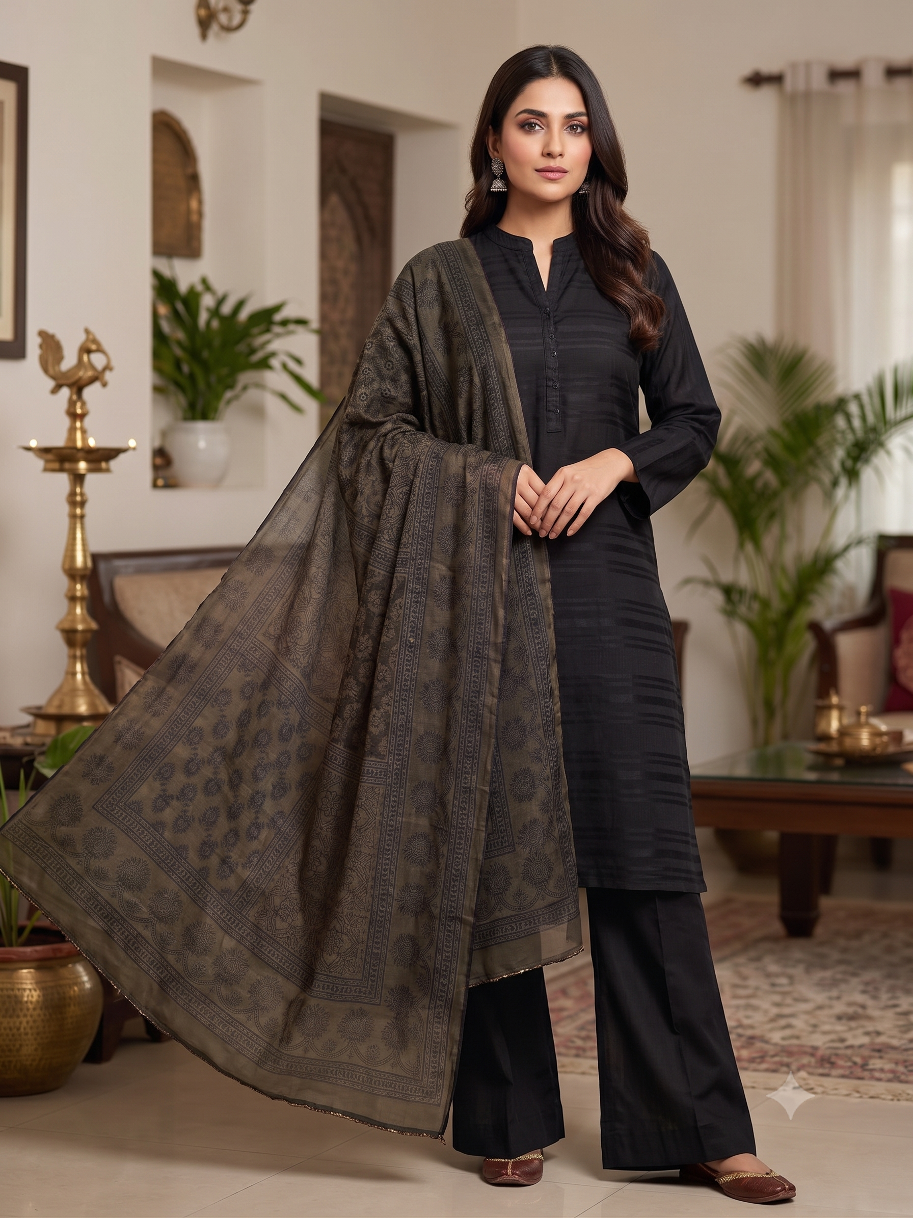 BM-SLK-3PC-004 Black Silk 3 Piece Suit with Khaki Printed Dupatta