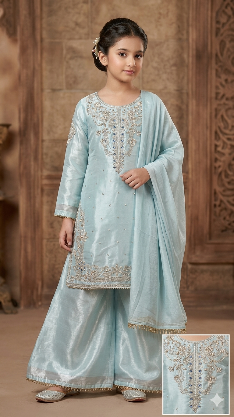 BMK-005 | Celestial Blue 3-Piece Shimmer Silk Set with Light Gold Tilla