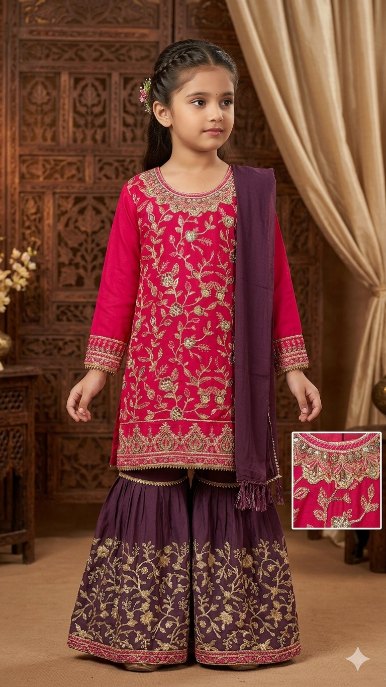 BMK-004 | Magenta & Purple Chiffon Set with Intricate Gold Tilla