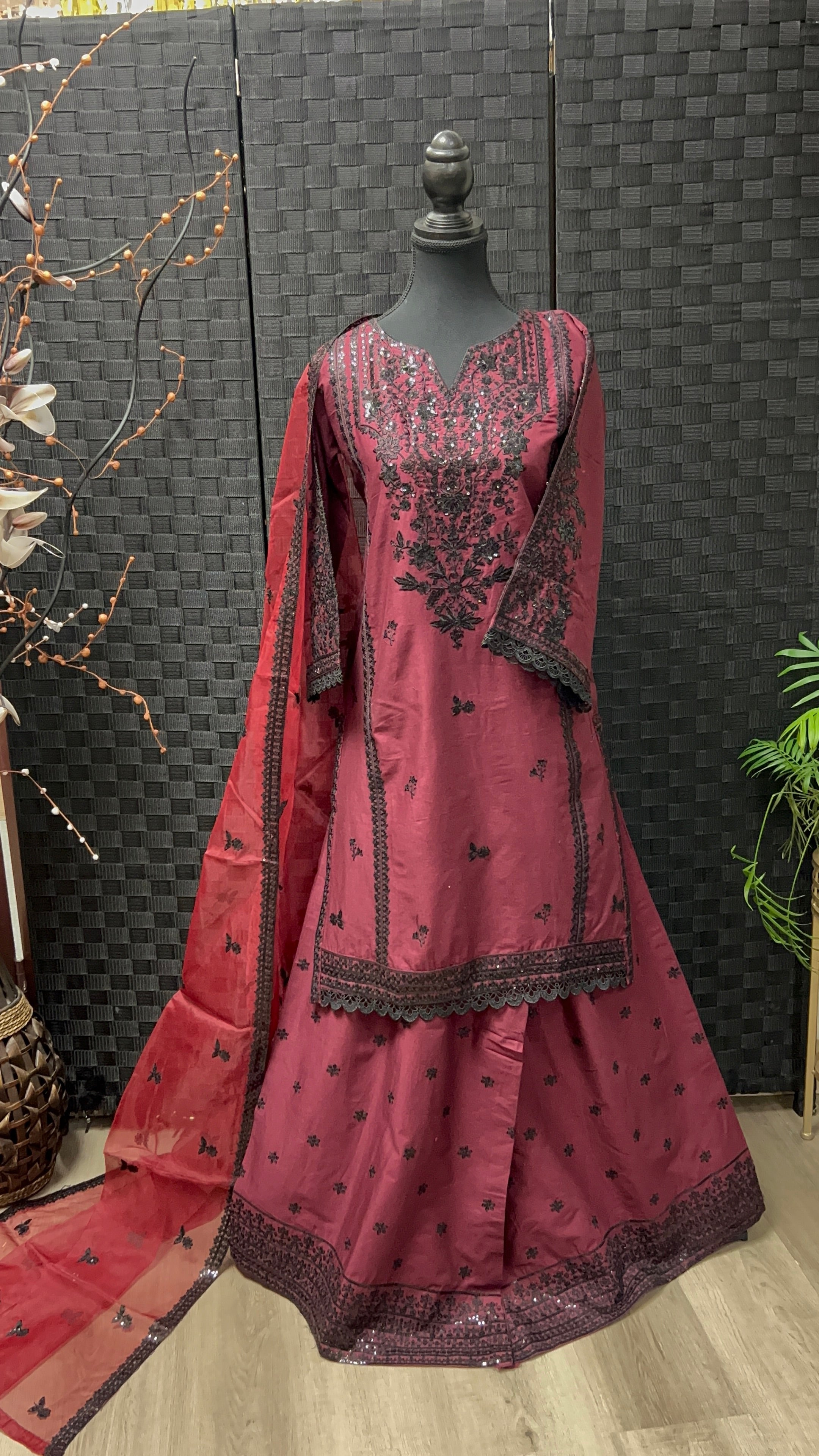 CE-01 Cotton Embroidered  Shirt & Sharara with Organza Dupatta | 3-Piece Suit
