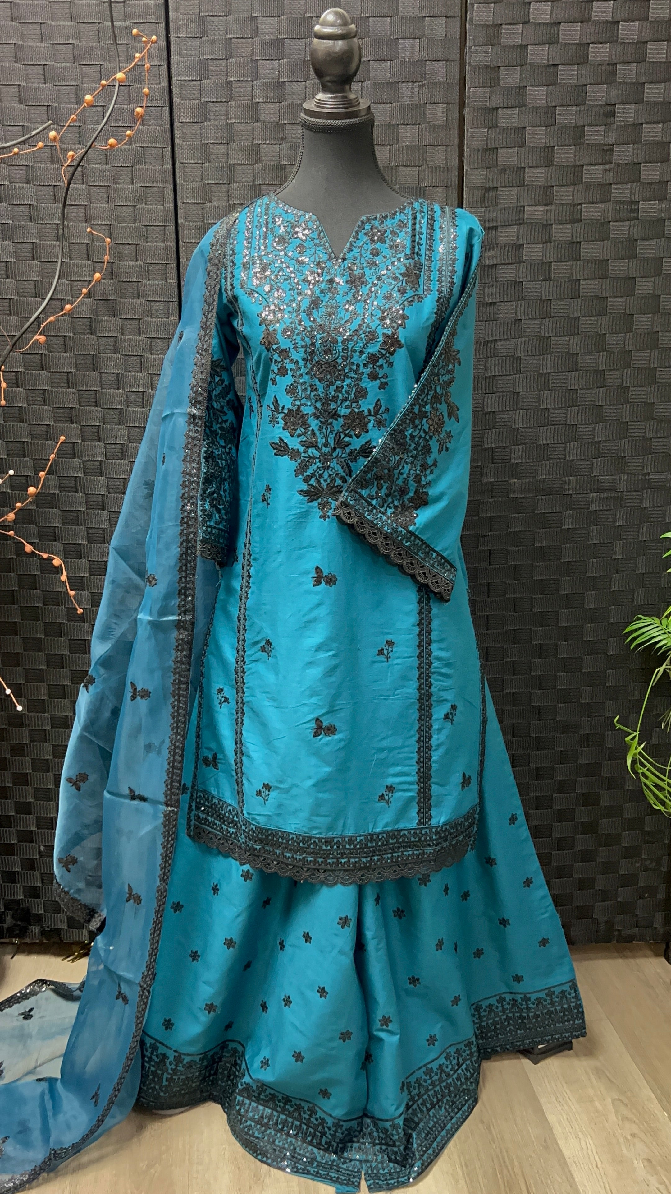 CE-01 Cotton Embroidered  Shirt & Sharara with Organza Dupatta | 3-Piece Suit