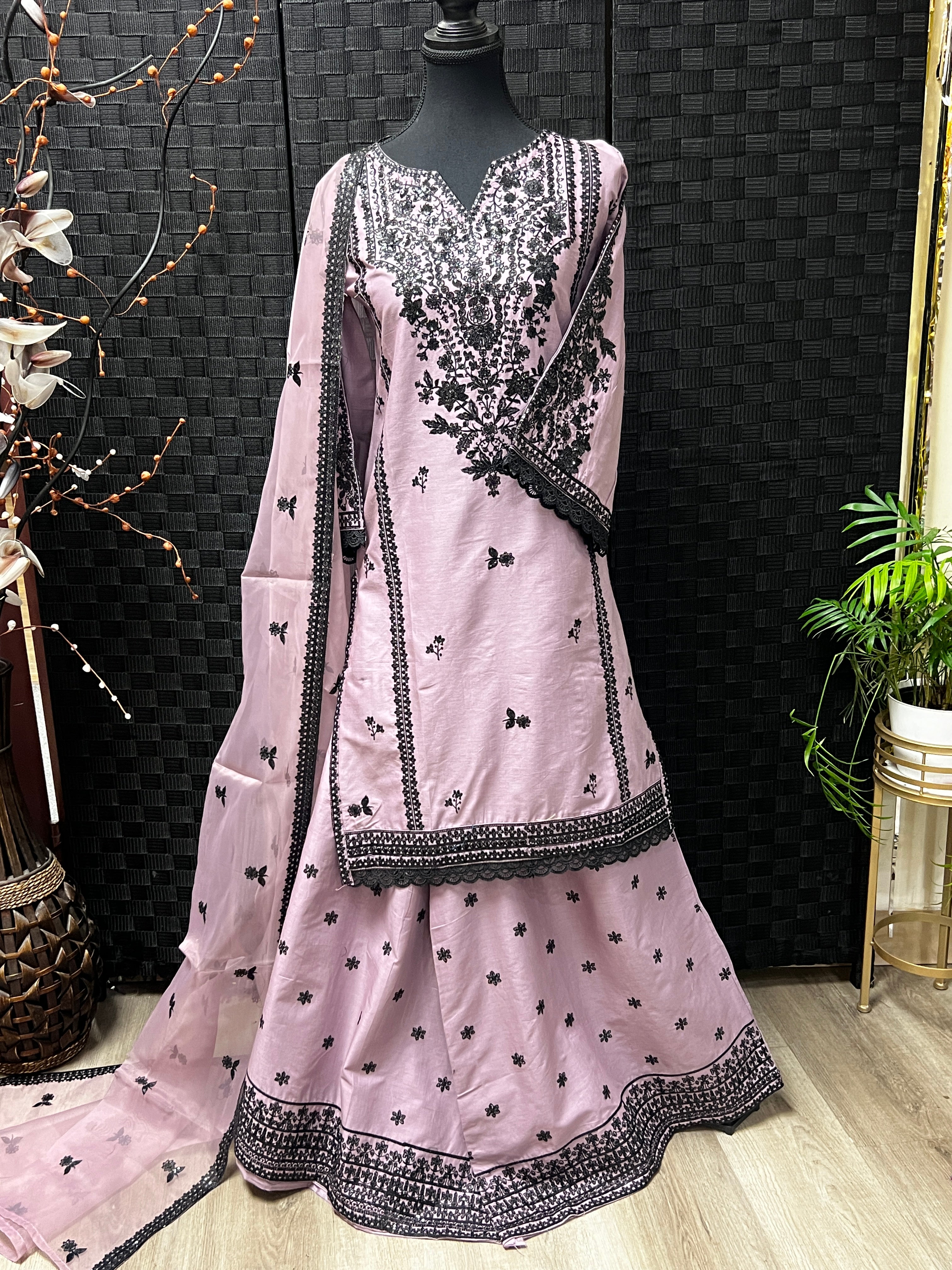 CE-01 Cotton Embroidered  Shirt & Sharara with Organza Dupatta | 3-Piece Suit