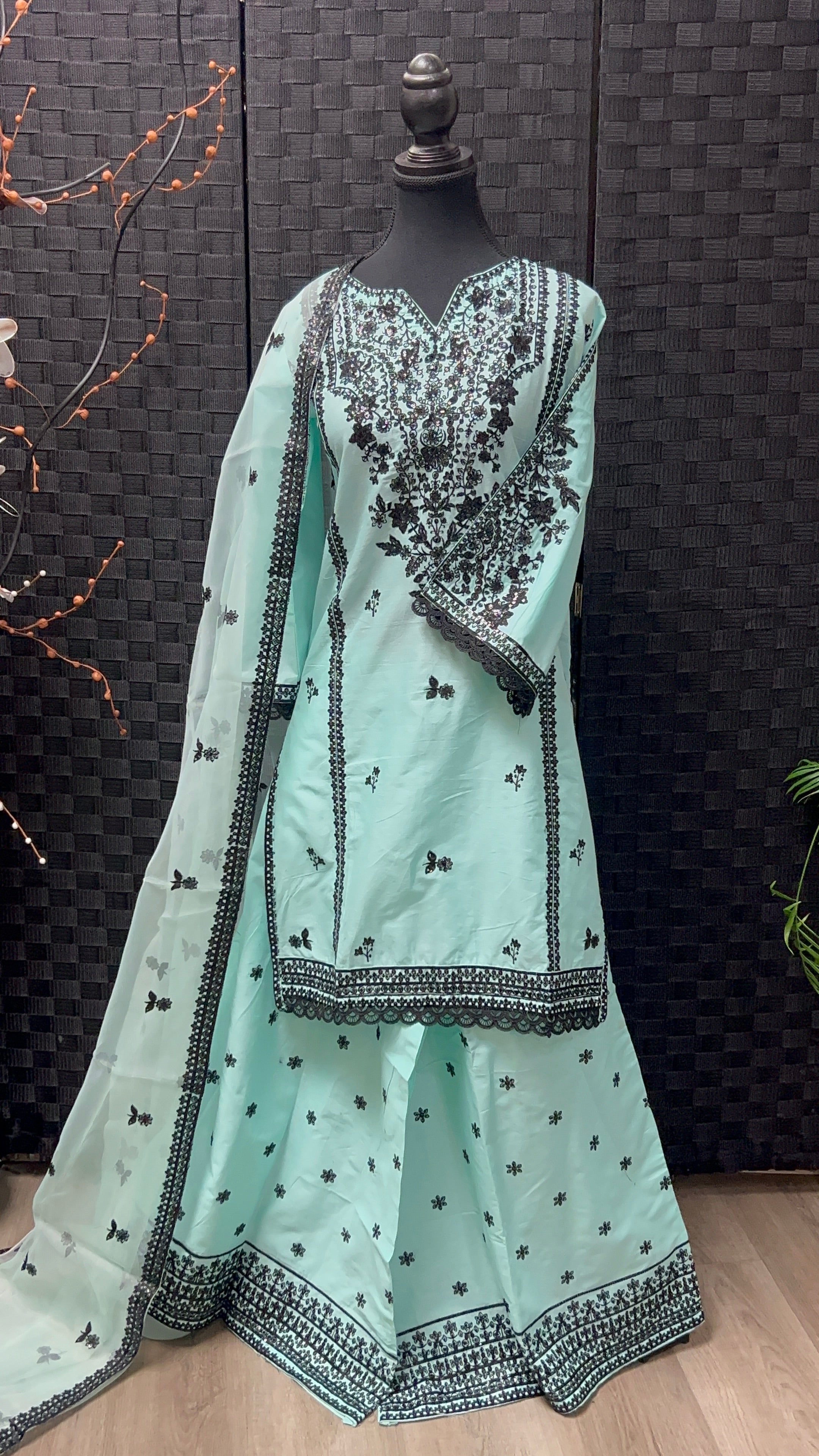 CE-01 Cotton Embroidered  Shirt & Sharara with Organza Dupatta | 3-Piece Suit