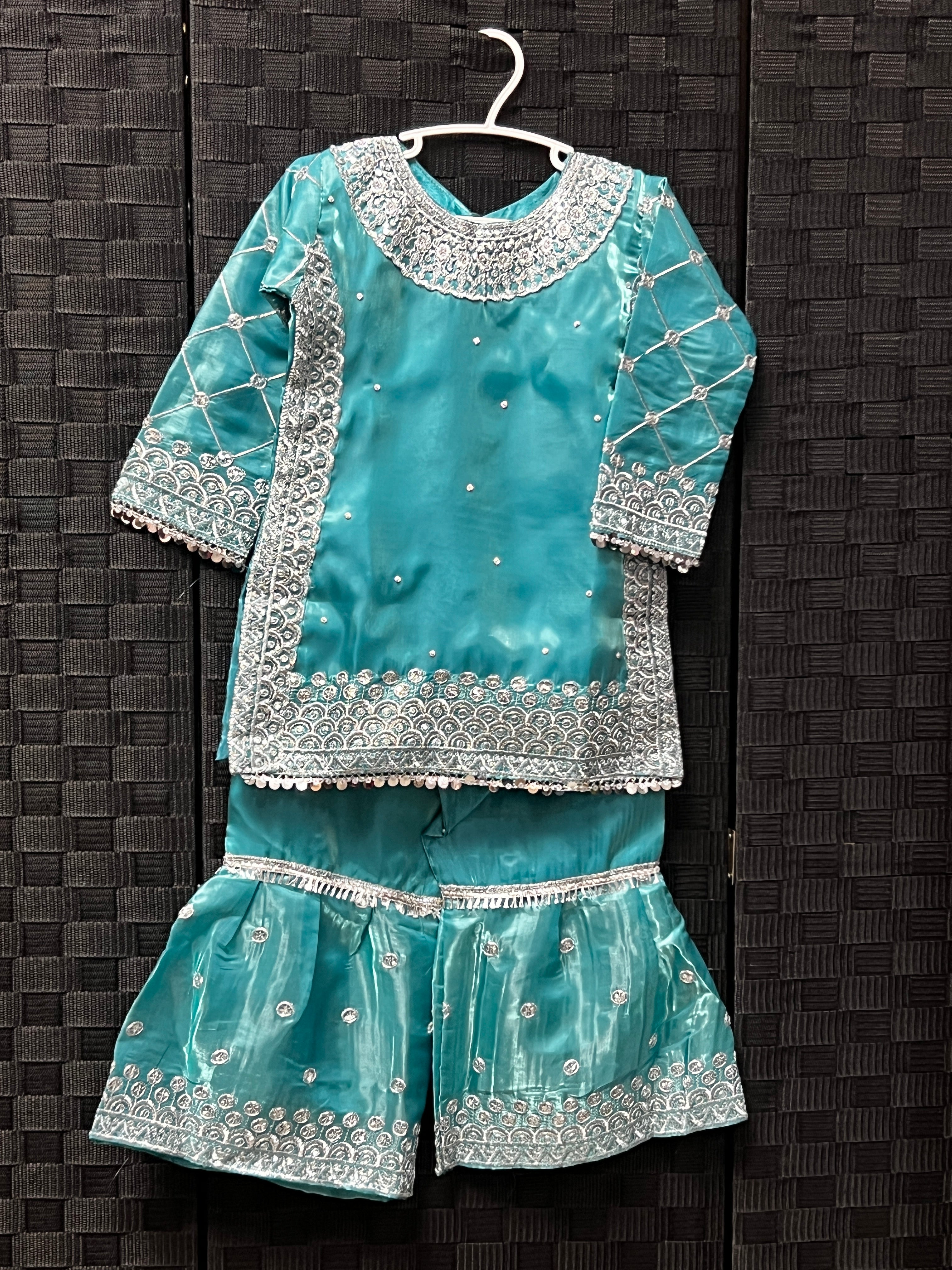 BMK-007 | Girls' Turquoise Silk Embroidered Kurti & Gharara Set