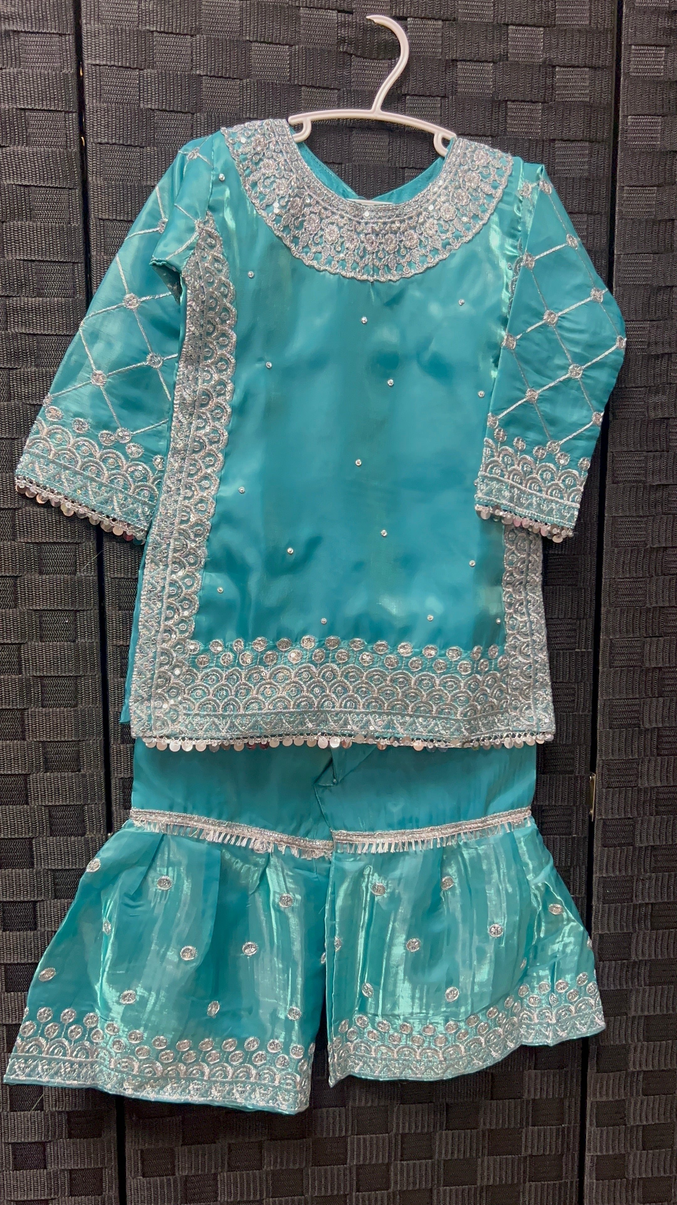 BMK-007 | Girls' Turquoise Silk Embroidered Kurti & Gharara Set