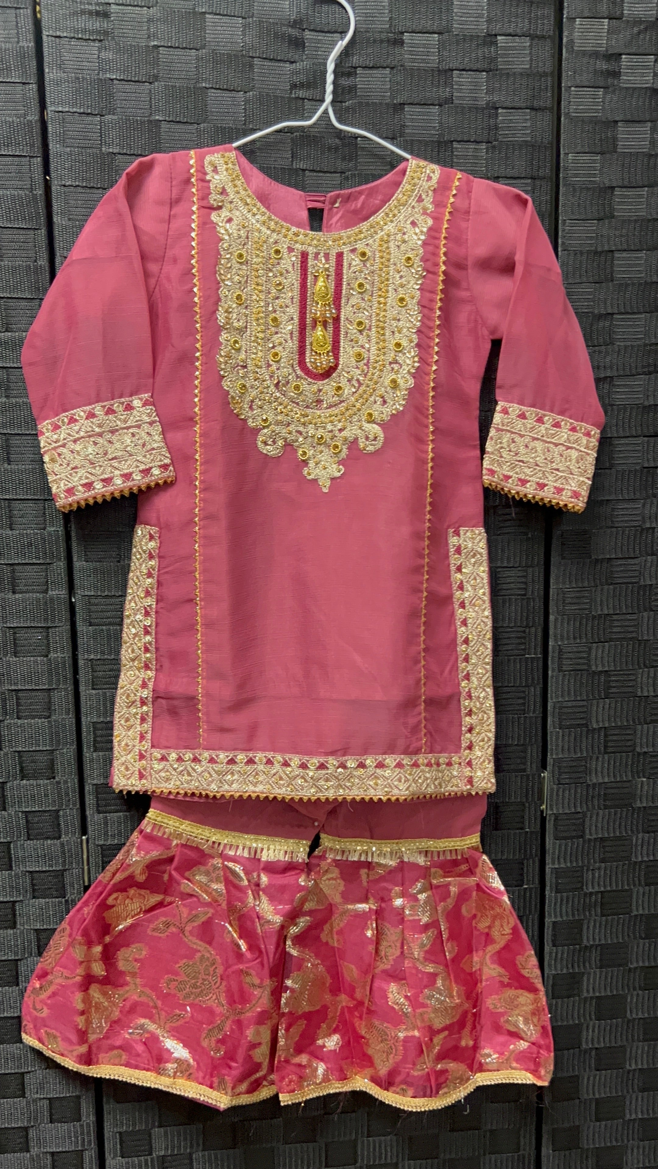 BMK-009 | Girls' Rose Pink Embroidered Kurti & Gharara Set