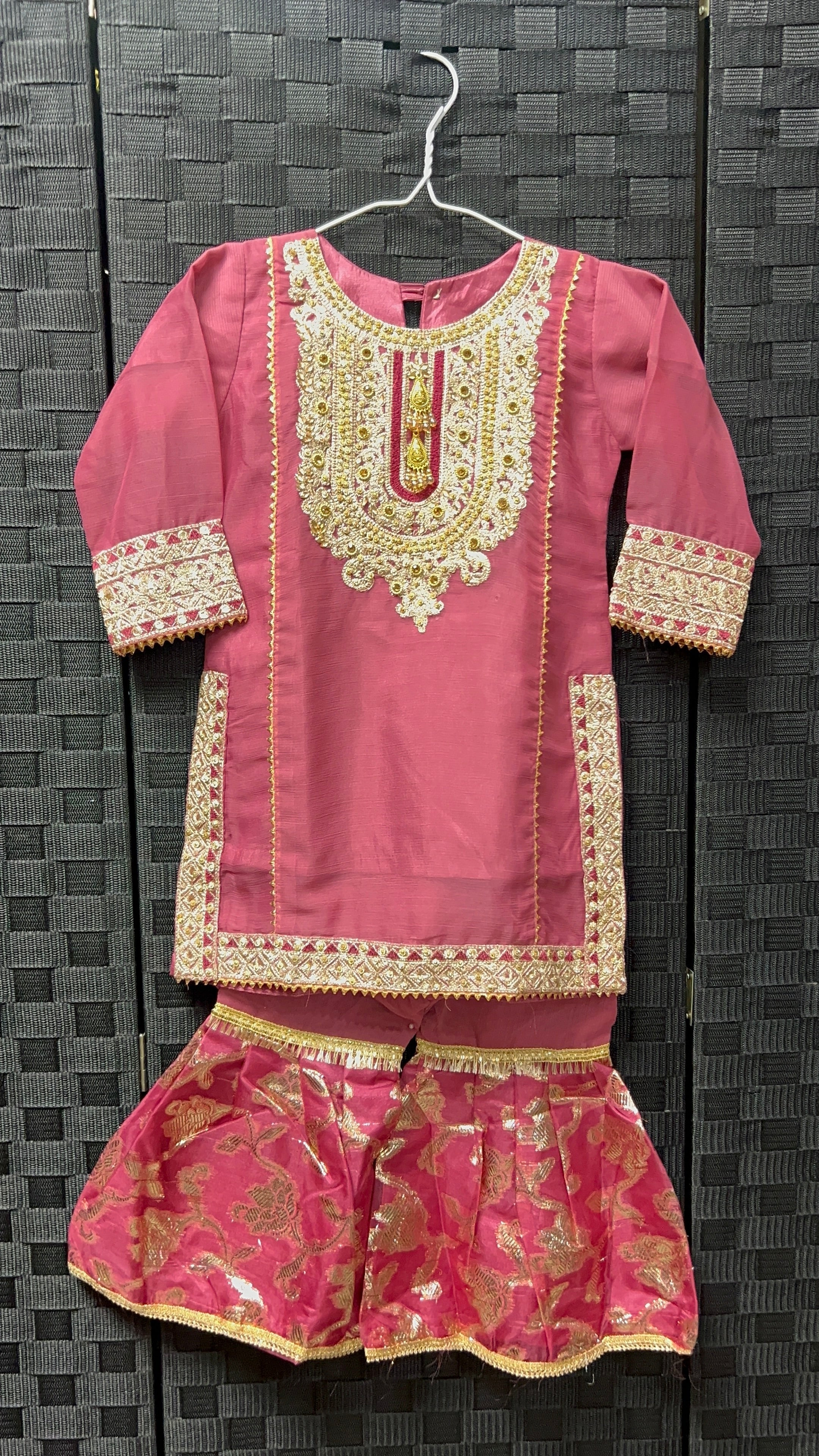 BMK-009 | Girls' Rose Pink Embroidered Kurti & Gharara Set