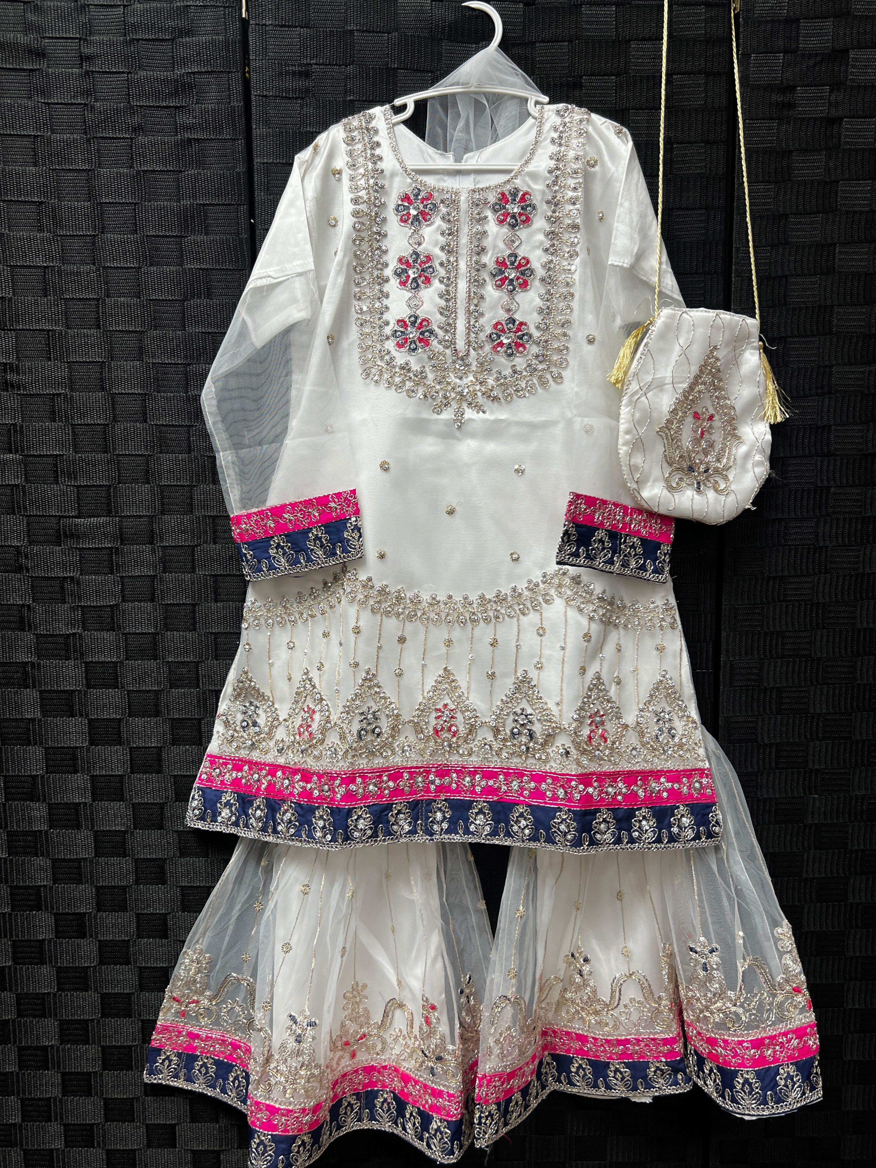 BMK-011 | Girls' White Net Embroidered Gharara Set with Matching Potli Bag