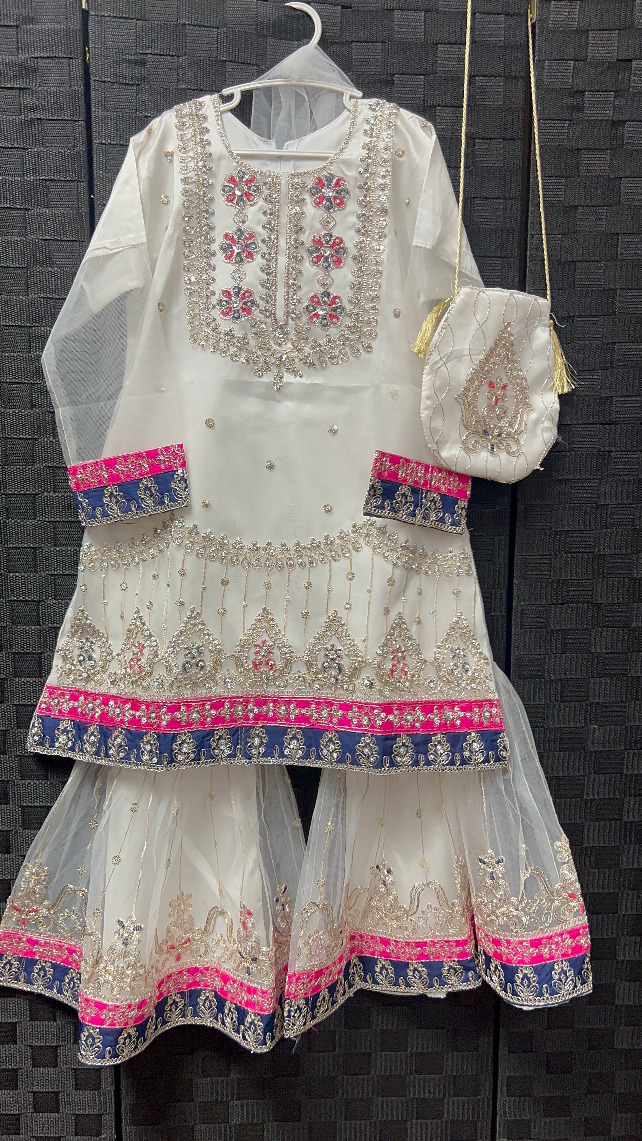 BMK-011 | Girls' White Net Embroidered Gharara Set with Matching Potli Bag