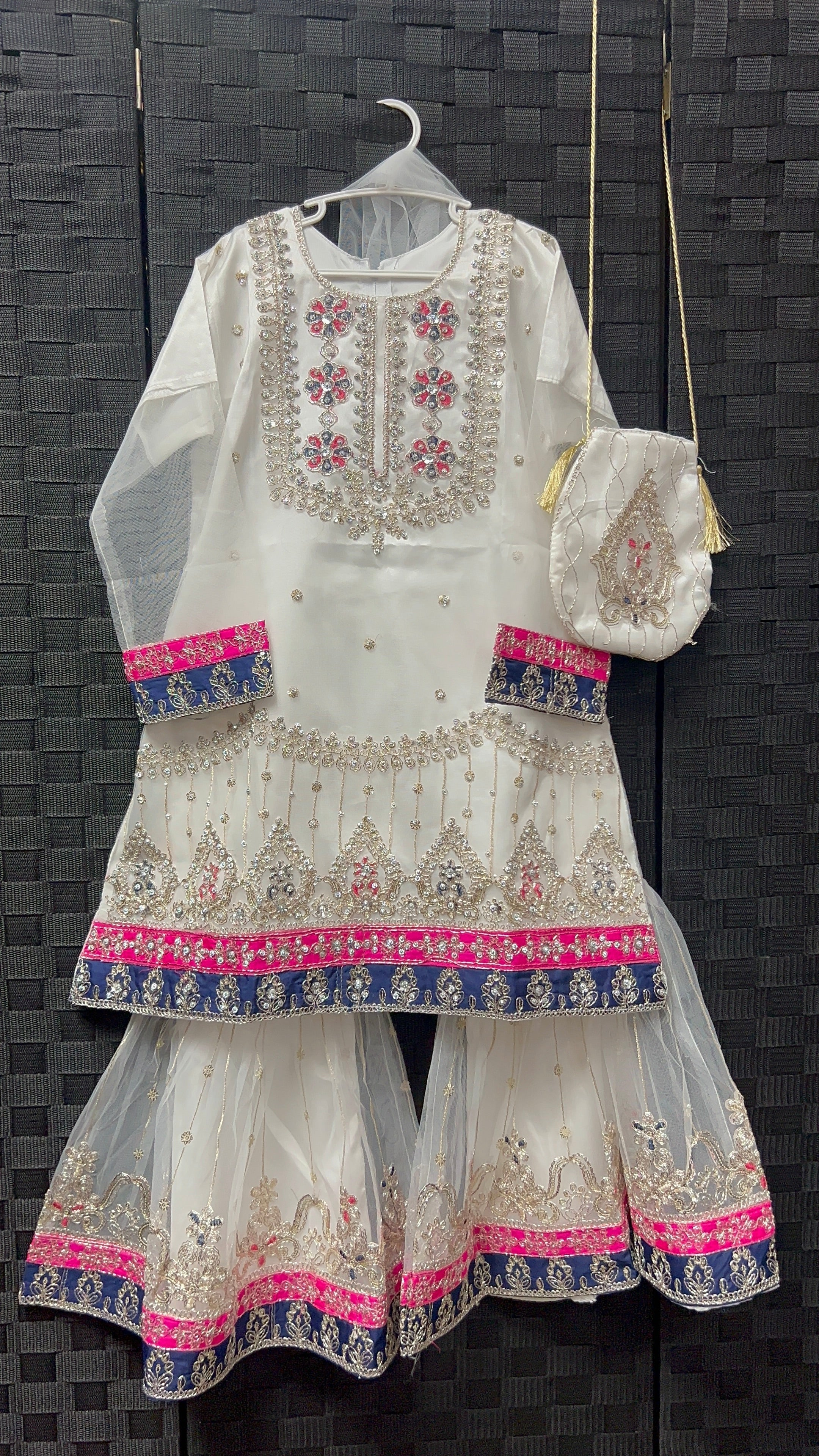 BMK-011 | Girls' White Net Embroidered Gharara Set with Matching Potli Bag