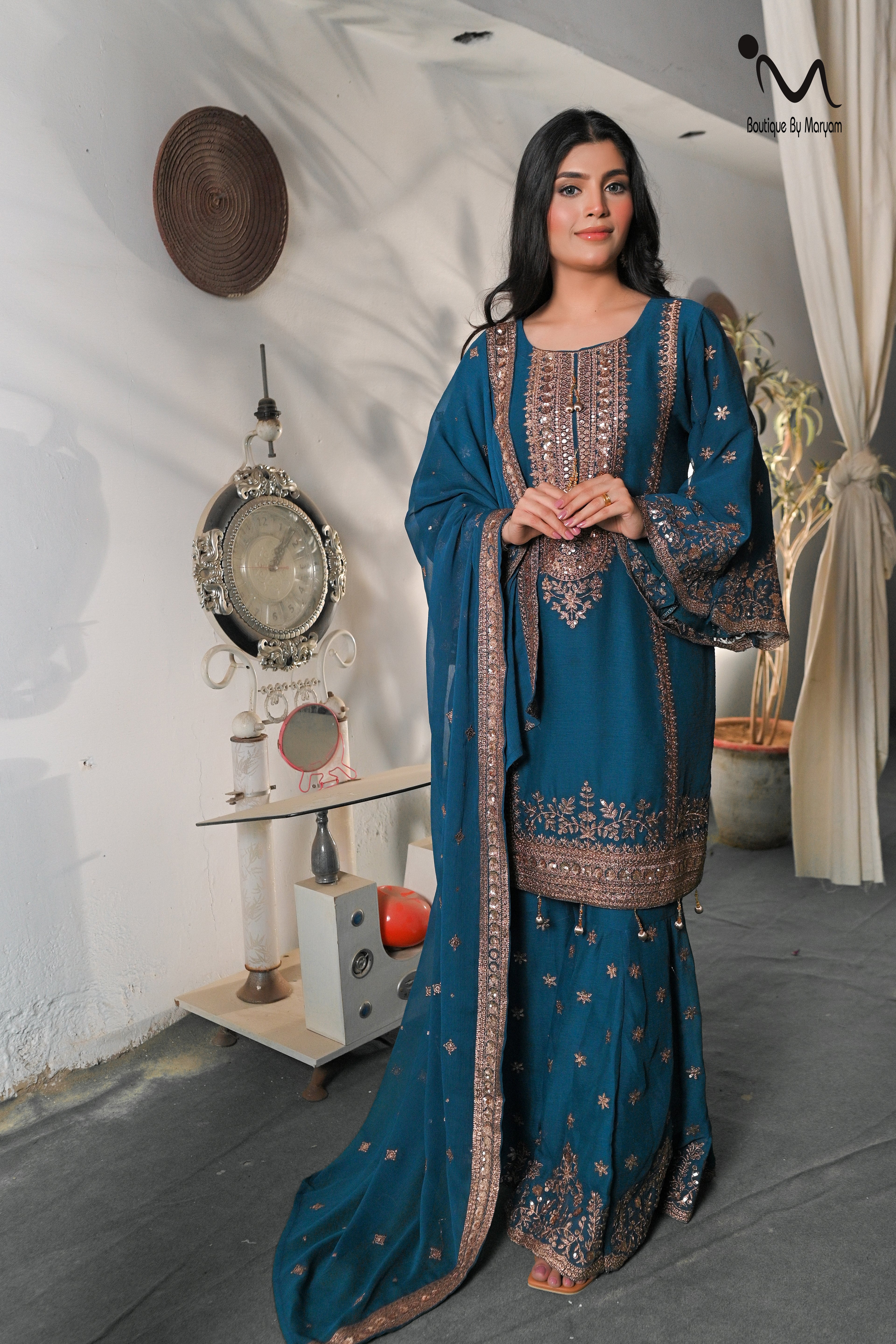 BF-025 3PC Golden Zari Work Suit with Gharara | Traditional Wedding Wear