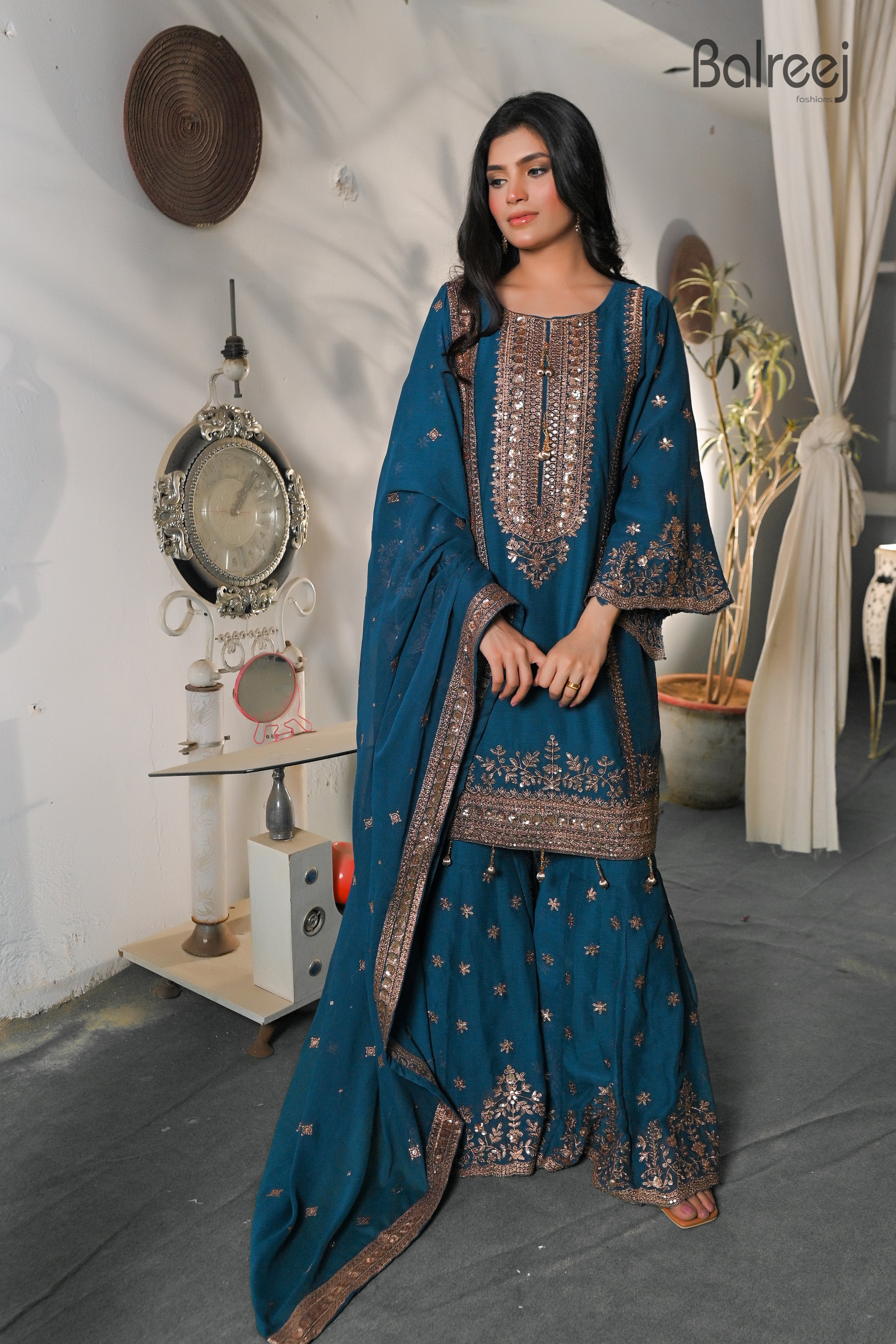 BF-025 3PC Golden Zari Work Suit with Gharara | Traditional Wedding Wear