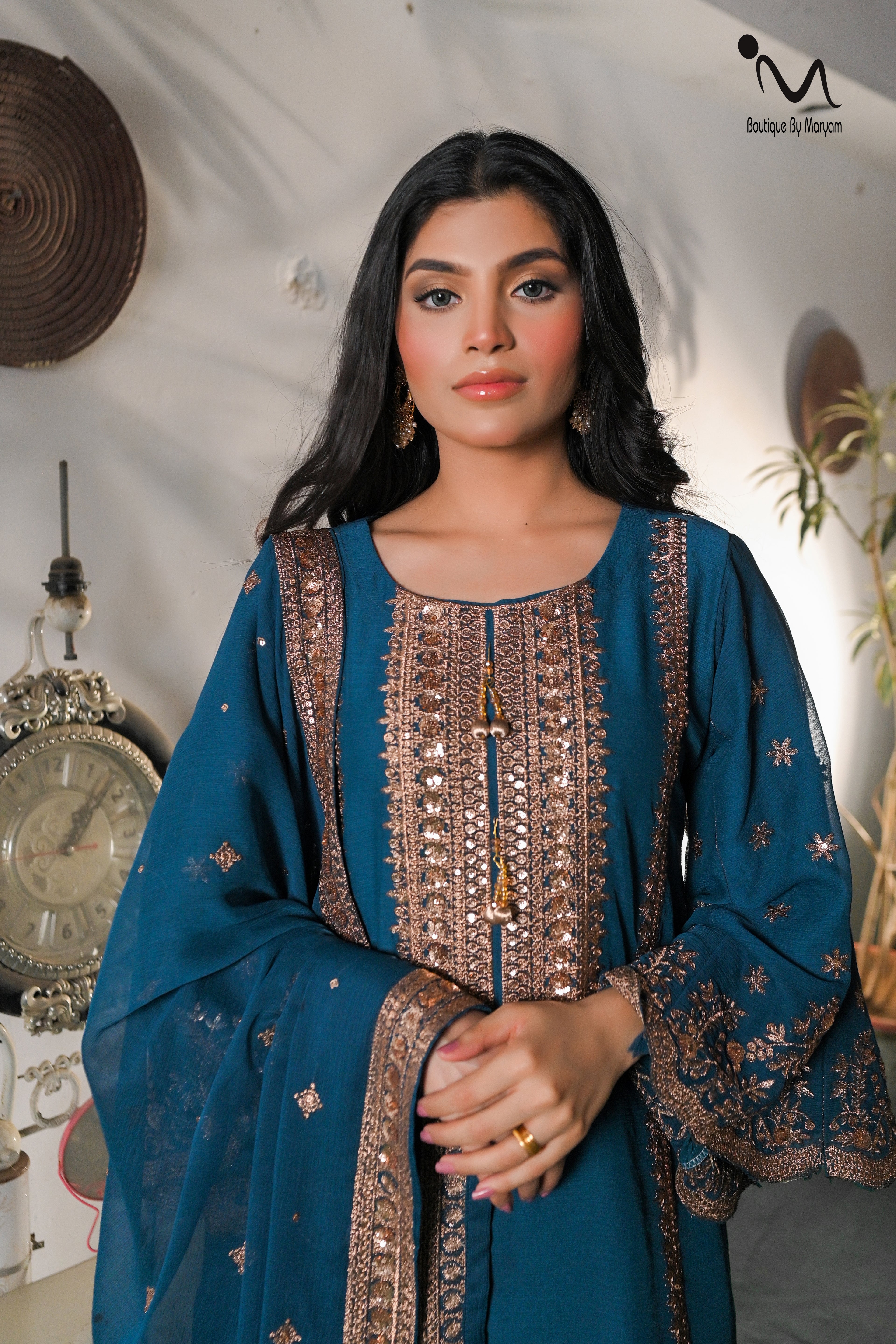 BF-025 3PC Golden Zari Work Suit with Gharara | Traditional Wedding Wear