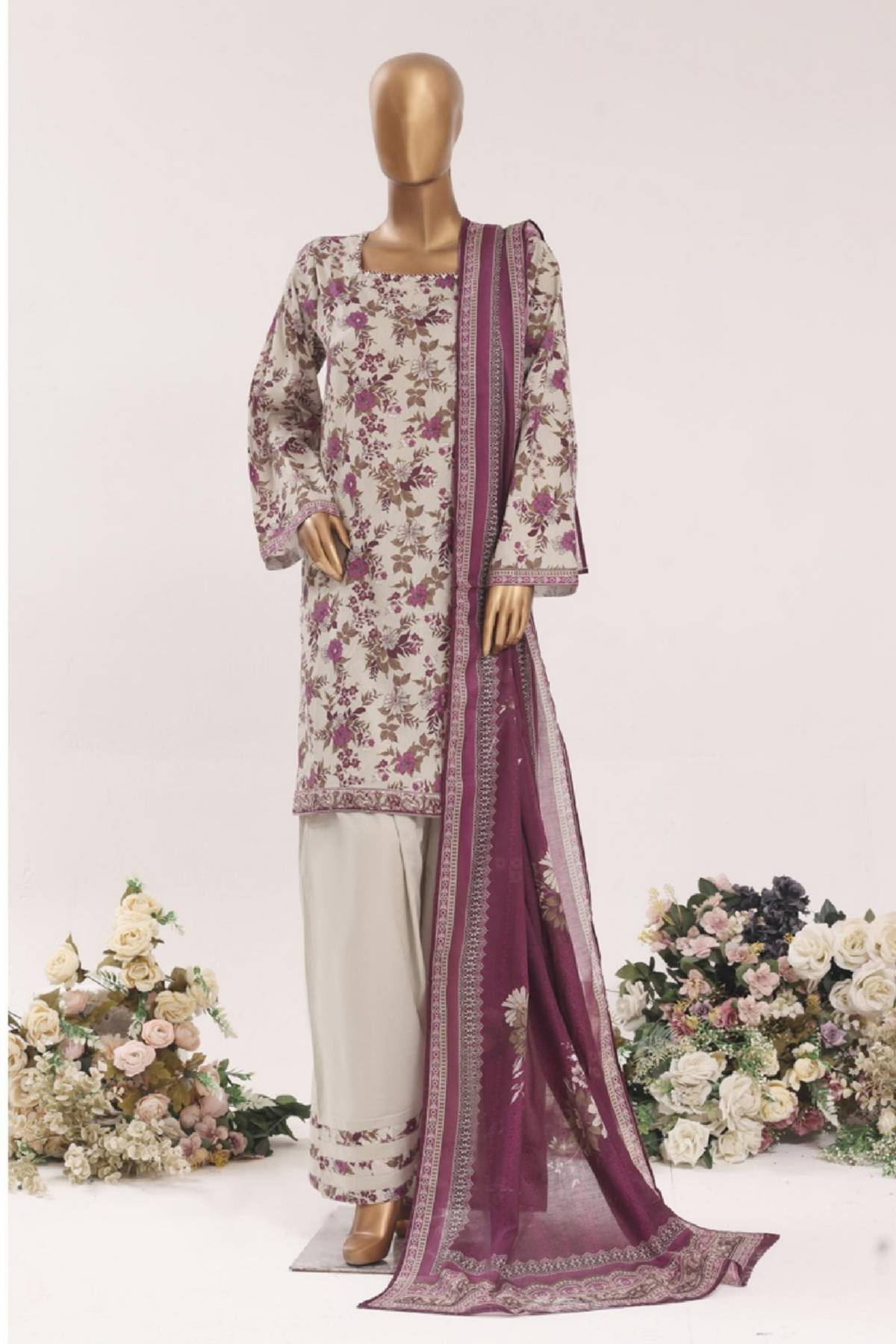 BNF-005 - Bin Saeed Farshi 3-Piece Suit - Ivory & Plum Floral