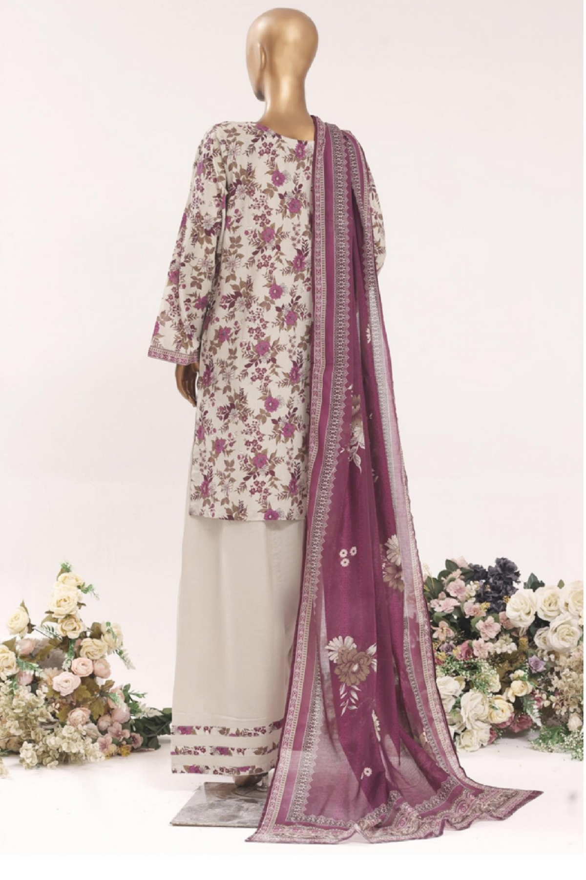 BNF-005 - Bin Saeed Farshi 3-Piece Suit - Ivory & Plum Floral