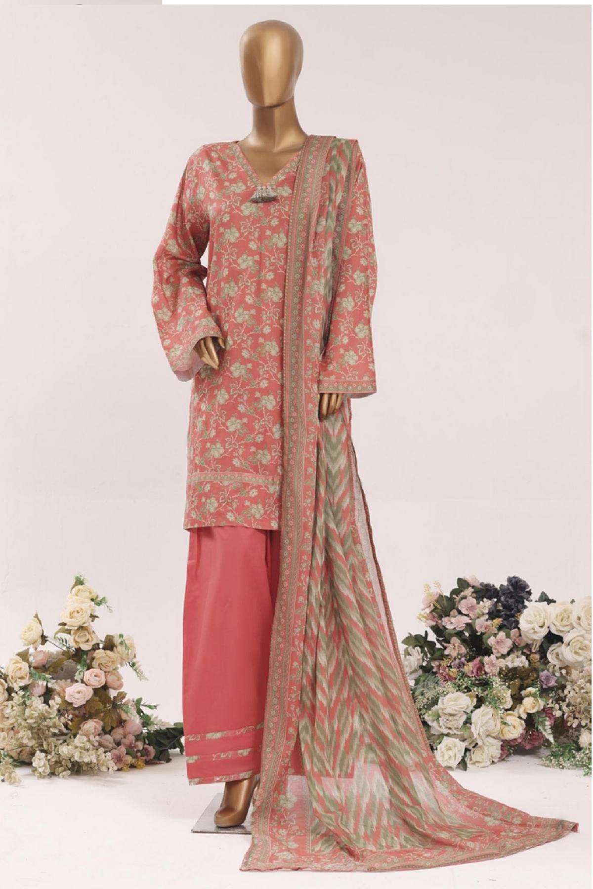 BNF-002 - Bin Saeed Farshi 3-Piece Suit - Coral Pink & Sage Floral