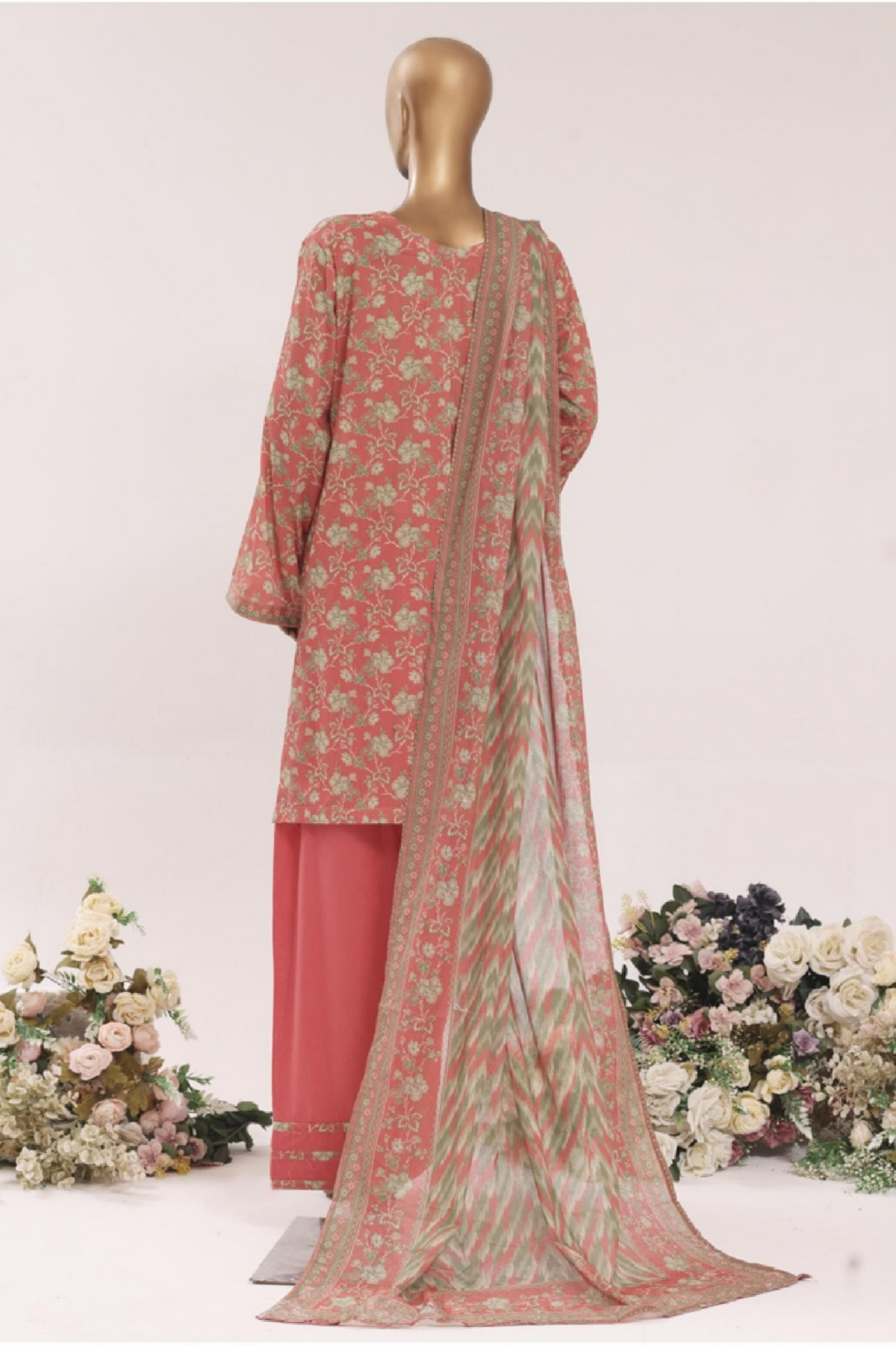 BNF-002 - Bin Saeed Farshi 3-Piece Suit - Coral Pink & Sage Floral