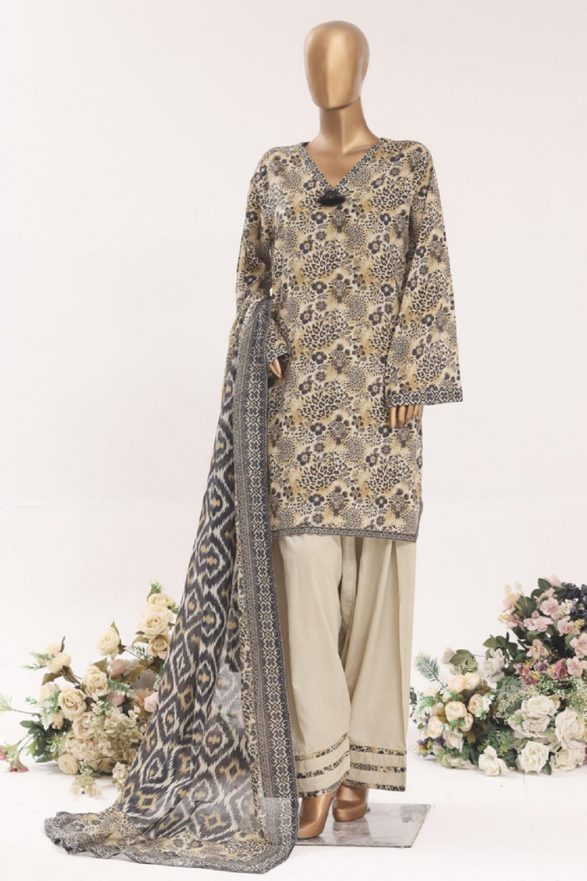 BNF-008 - Bin Saeed Farshi 3-Piece Suit - Sand Beige & Black Motif Print