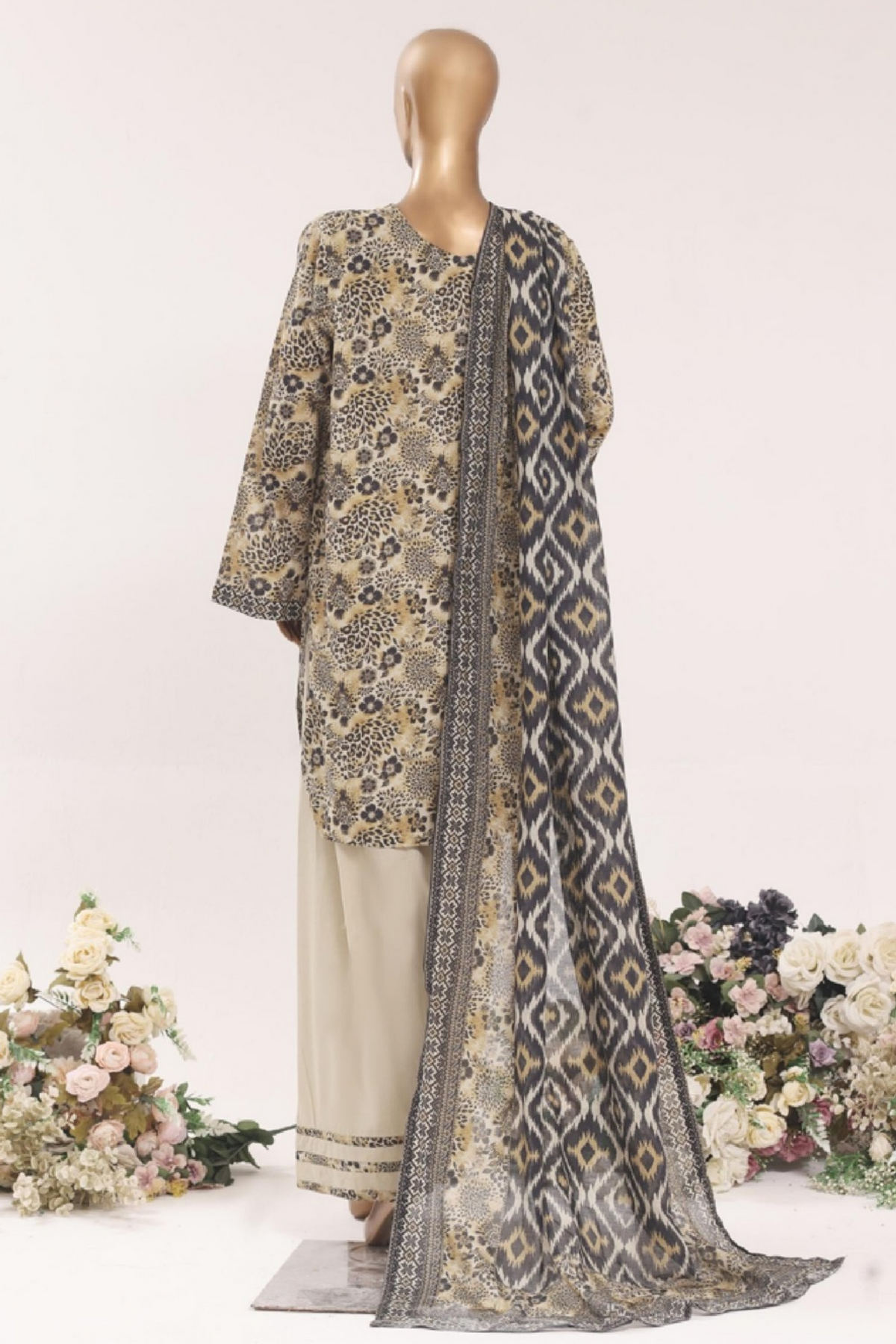 BNF-008 - Bin Saeed Farshi 3-Piece Suit - Sand Beige & Black Motif Print