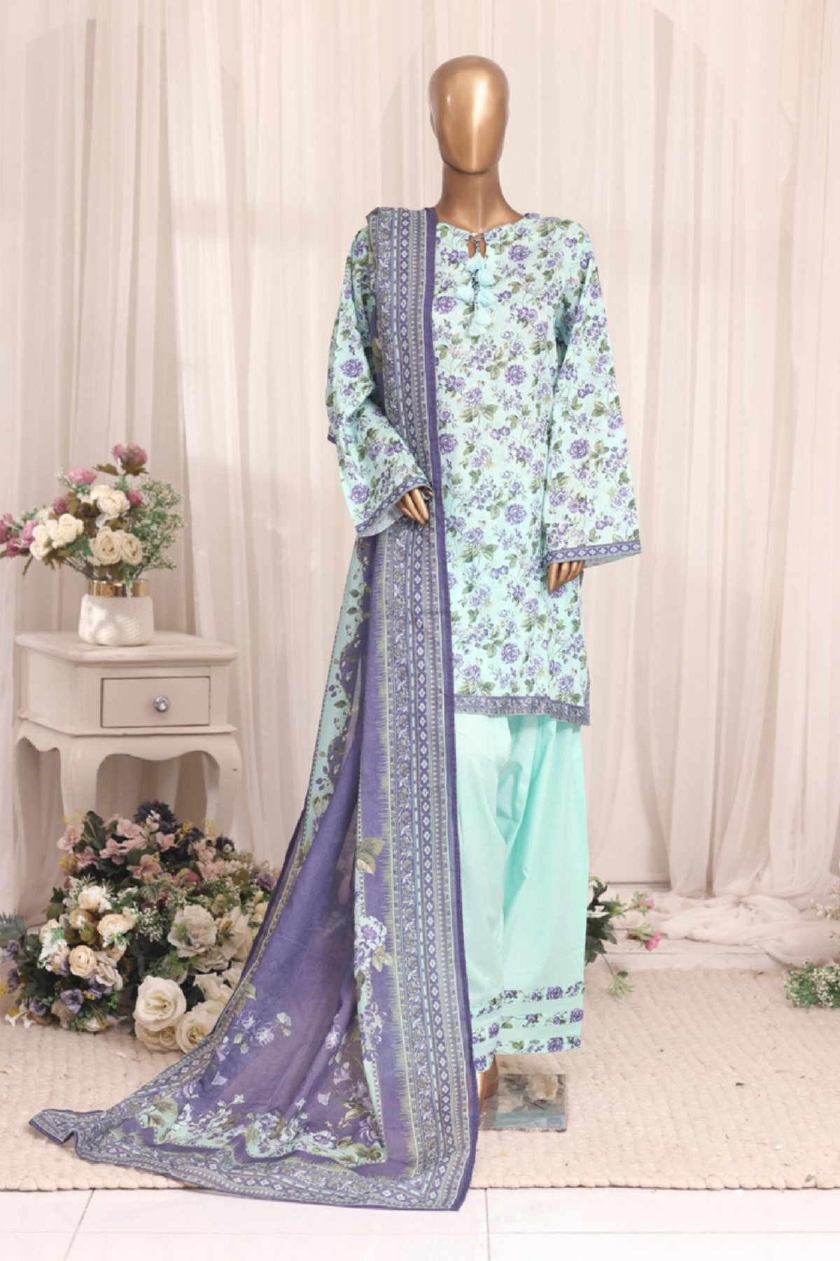 BNF-007 - Bin Saeed Farshi 3-Piece Suit - Mint & Lavender Floral