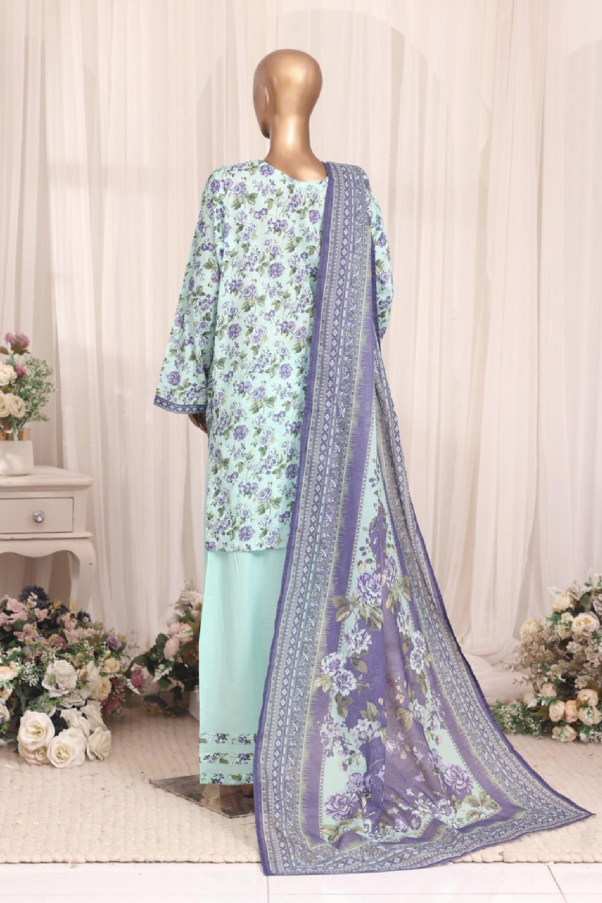 BNF-007 - Bin Saeed Farshi 3-Piece Suit - Mint & Lavender Floral