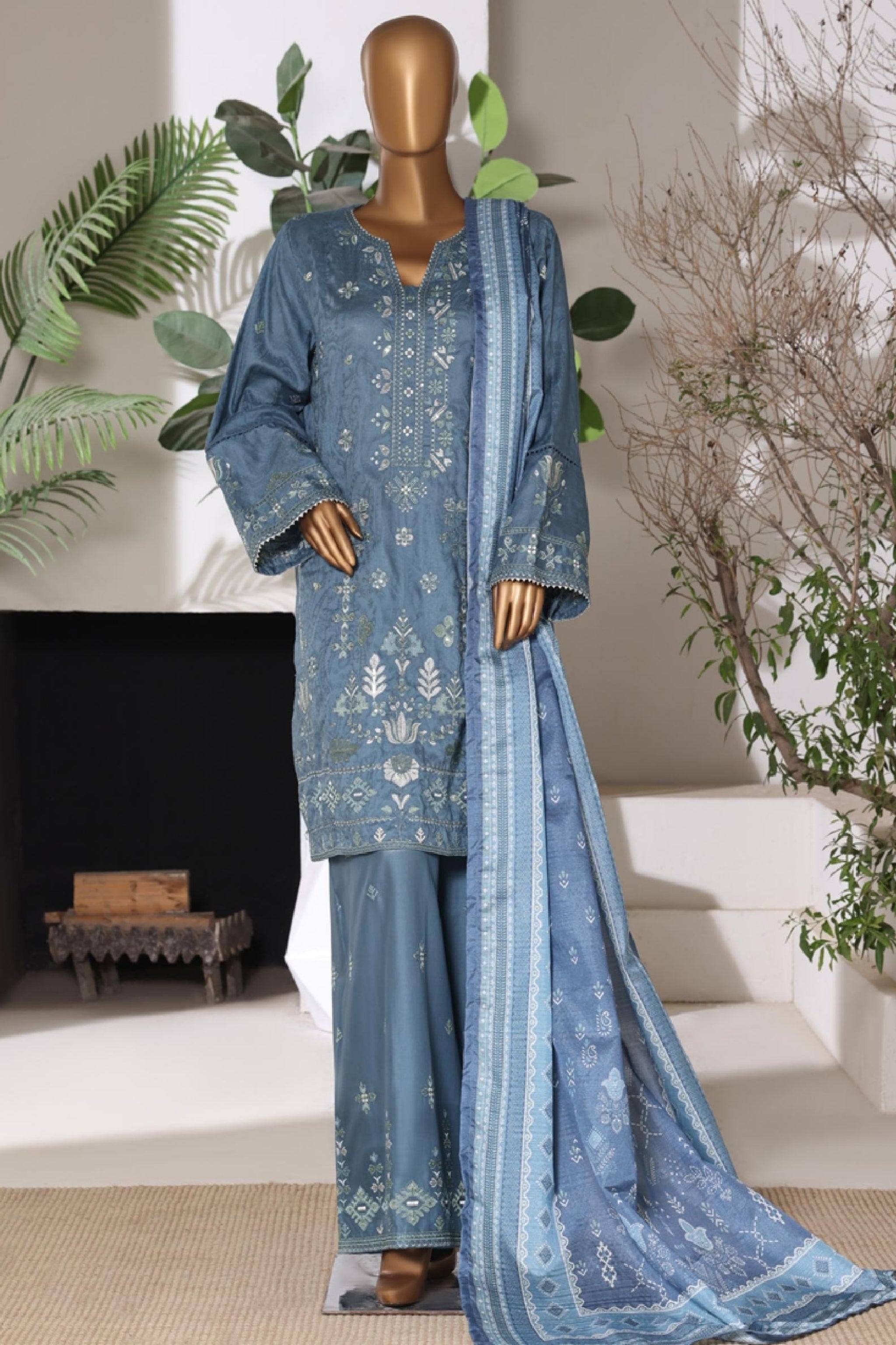 BSJ-008 Dusty Blue Bin Saeed Luxury Embroidered Jacquard 3 Piece Suit