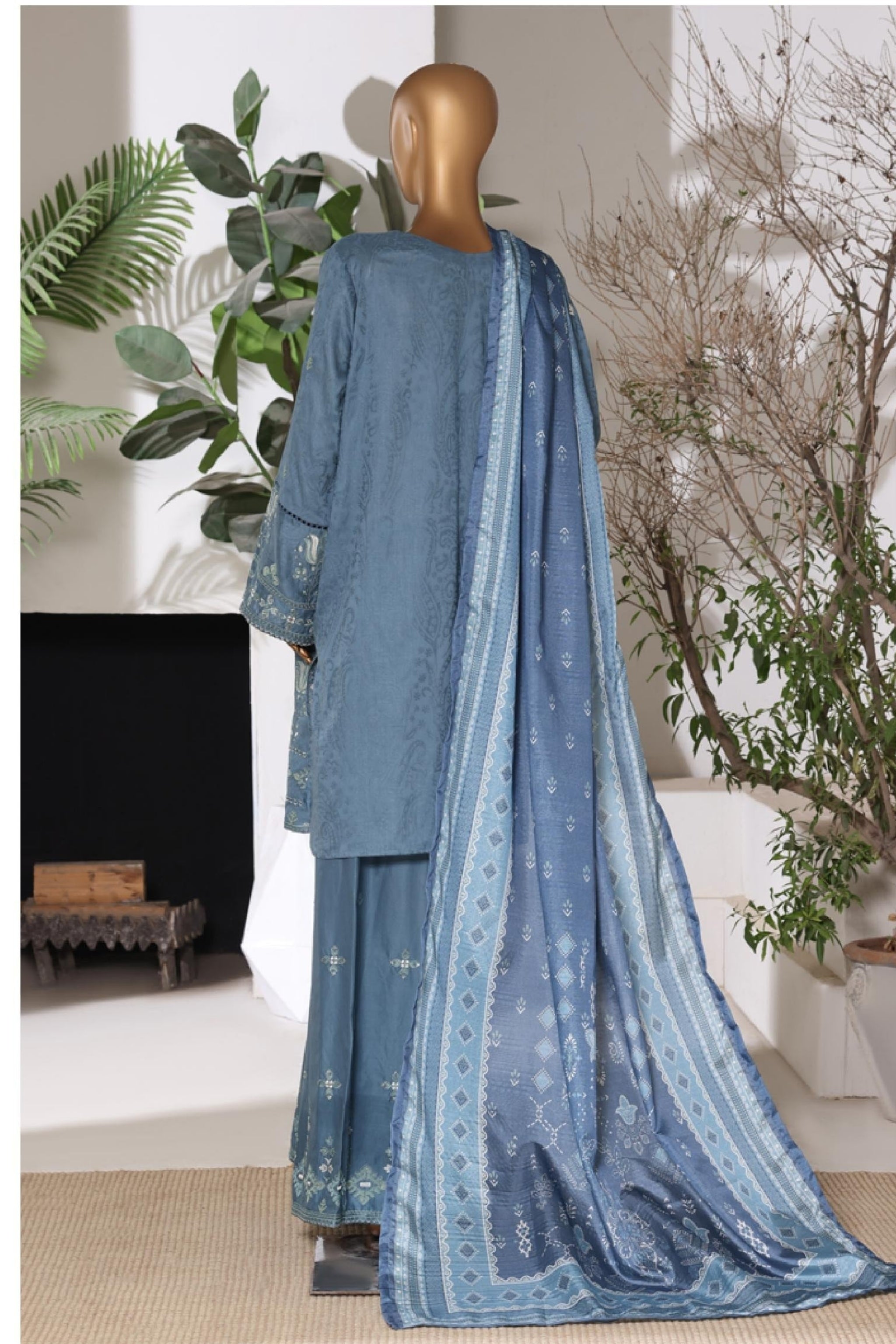 BSJ-008 Dusty Blue Bin Saeed Luxury Embroidered Jacquard 3 Piece Suit