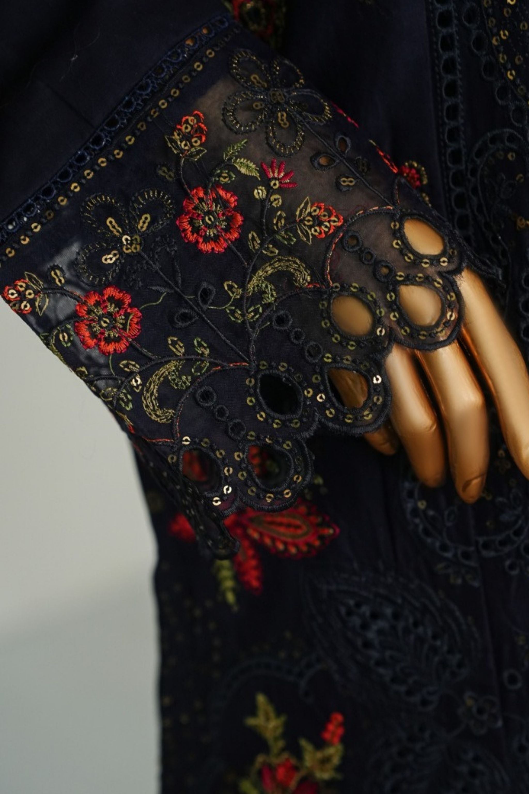 ECF-01 Bin Saeed Original Navy Blue Embroidered Cotton Fabric 3-Piece Suit - Size S-M-L