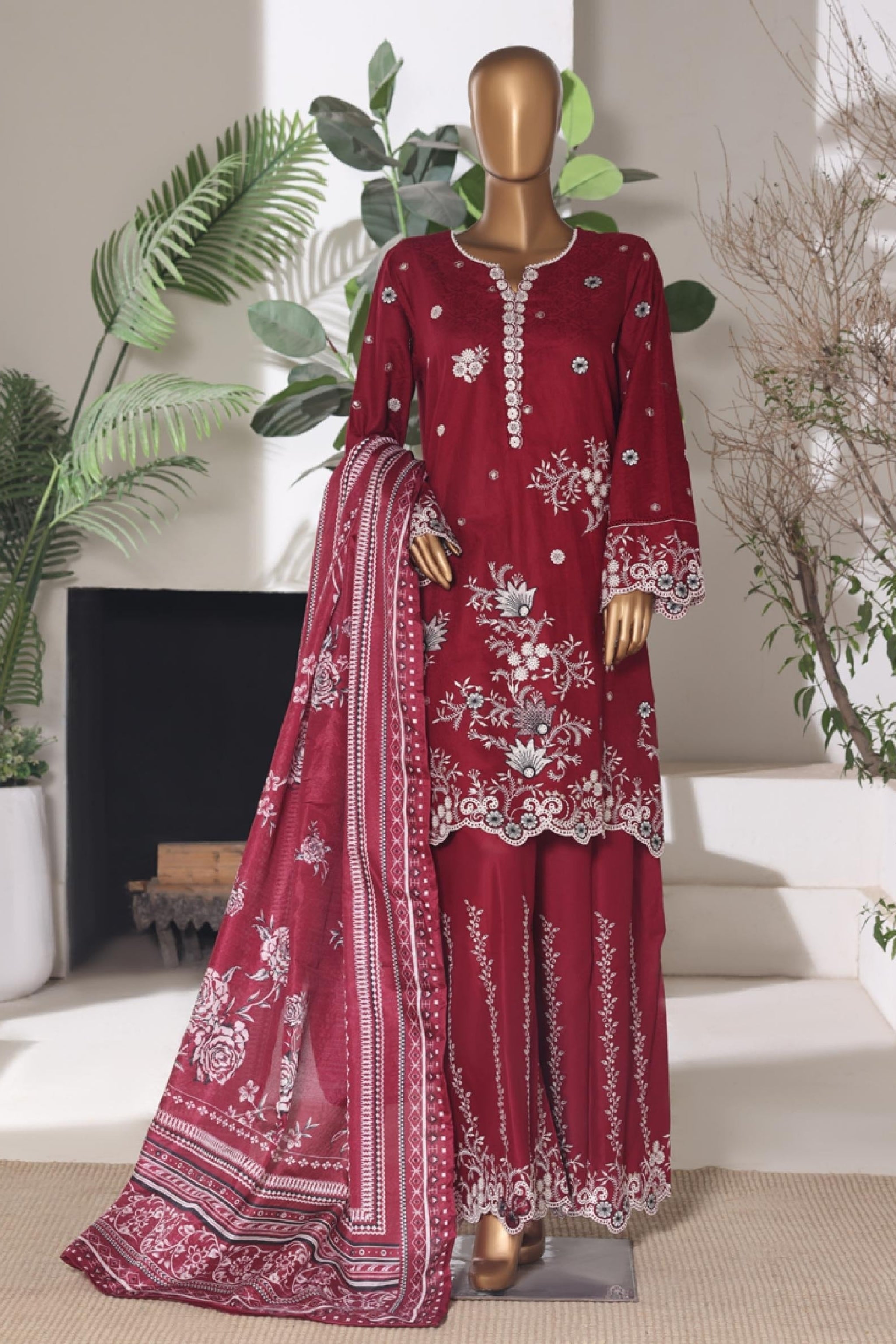 BSJ-005 Ruby Red Bin Saeed Luxury Embroidered Jacquard 3 Piece Suit