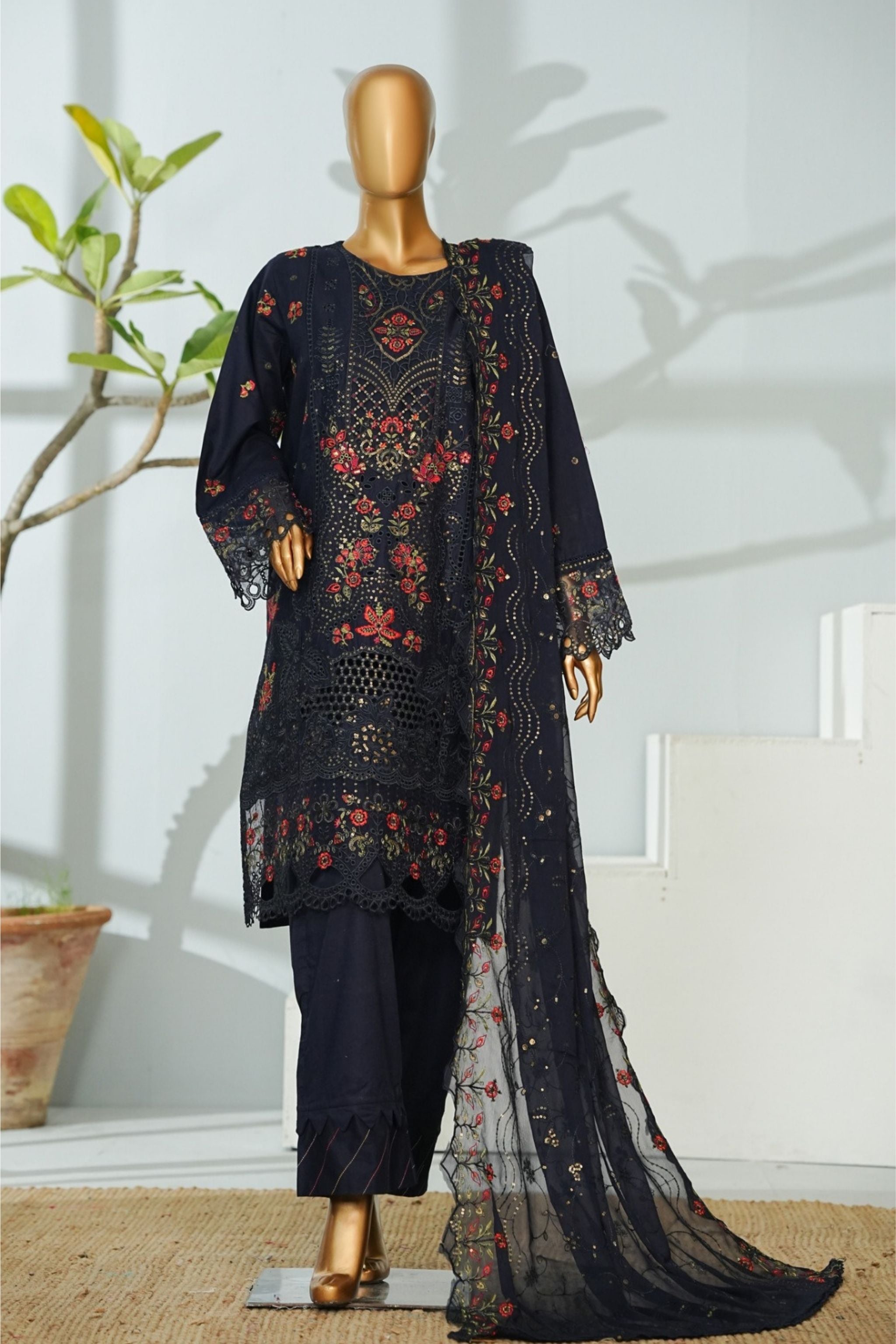 ECF-01 Bin Saeed Original Navy Blue Embroidered Cotton Fabric 3-Piece Suit - Size S-M-L