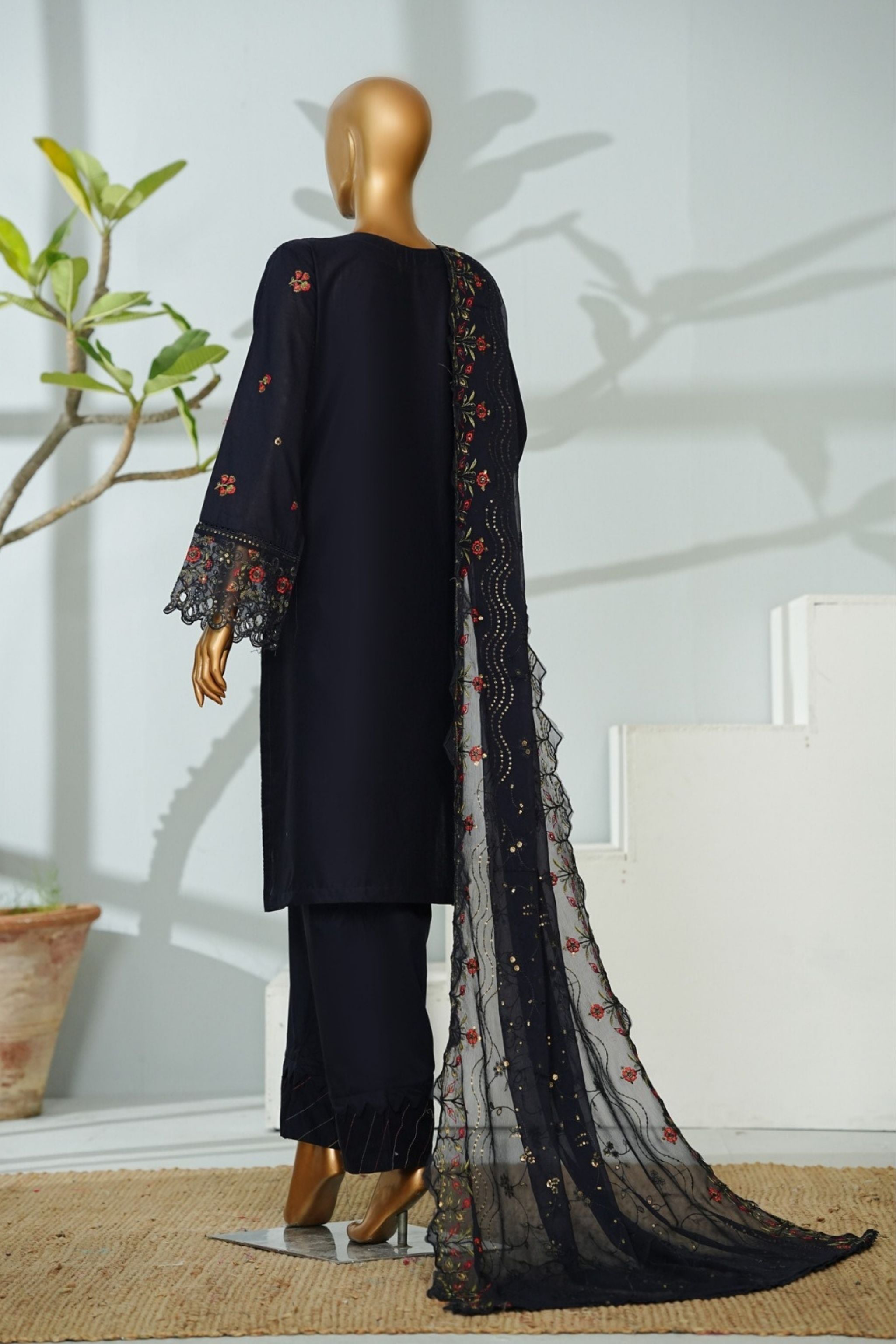 ECF-01 Bin Saeed Original Navy Blue Embroidered Cotton Fabric 3-Piece Suit - Size S-M-L