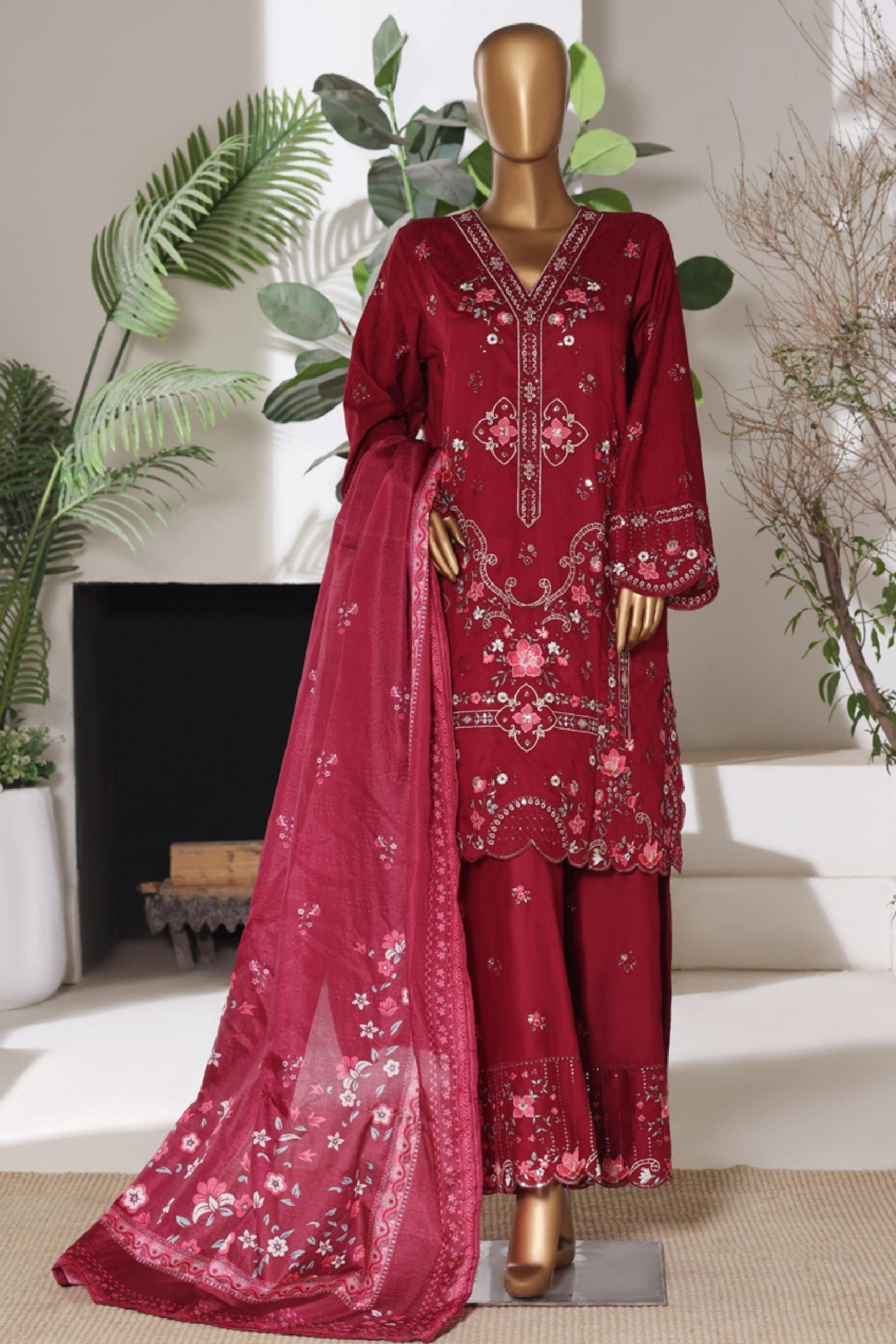 BSJ-007 Maroon Bin Saeed Luxury Embroidered Jacquard 3 Piece Suit
