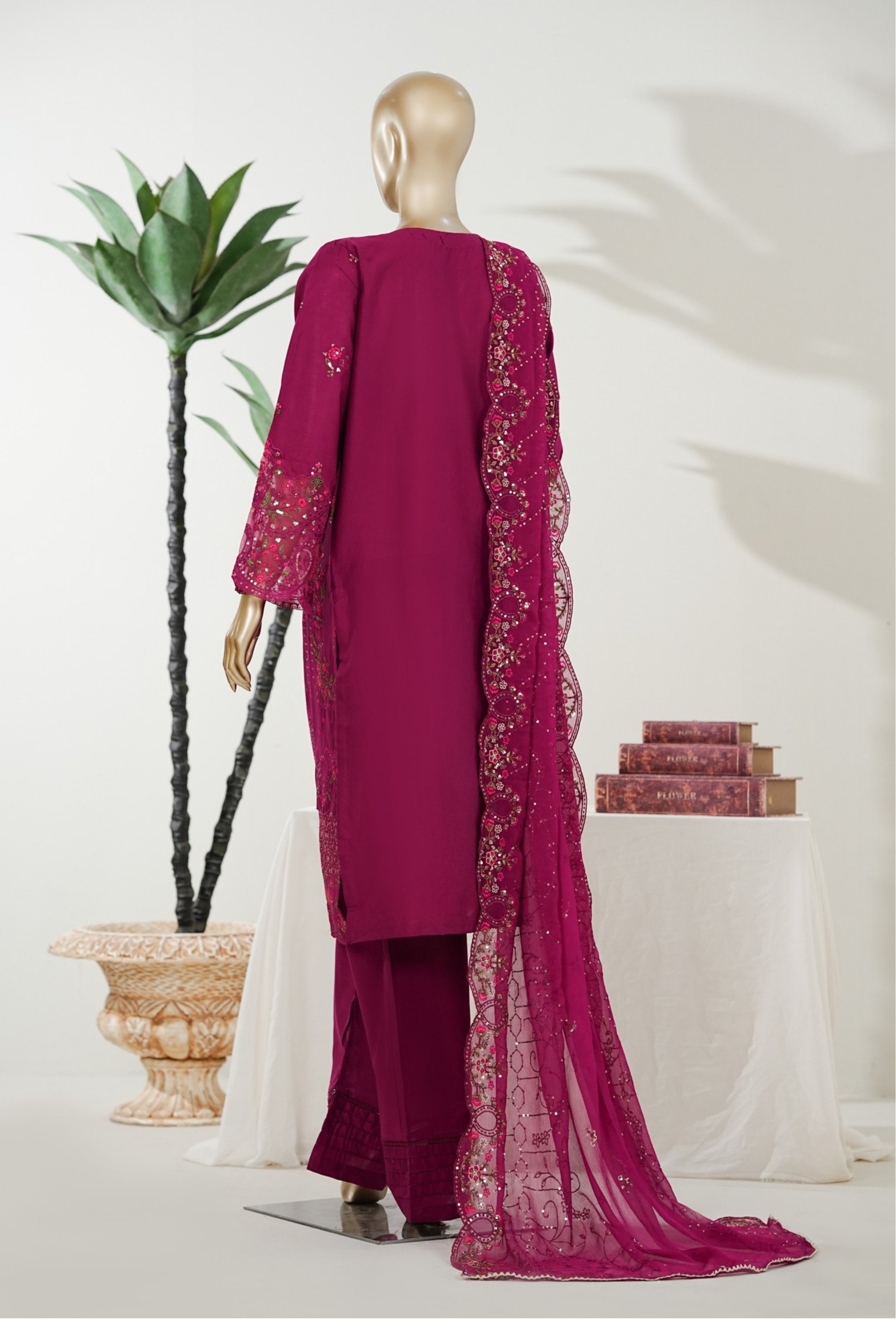 BM-009 - Bin Saeed Embroidered Printed Lawn - Magenta