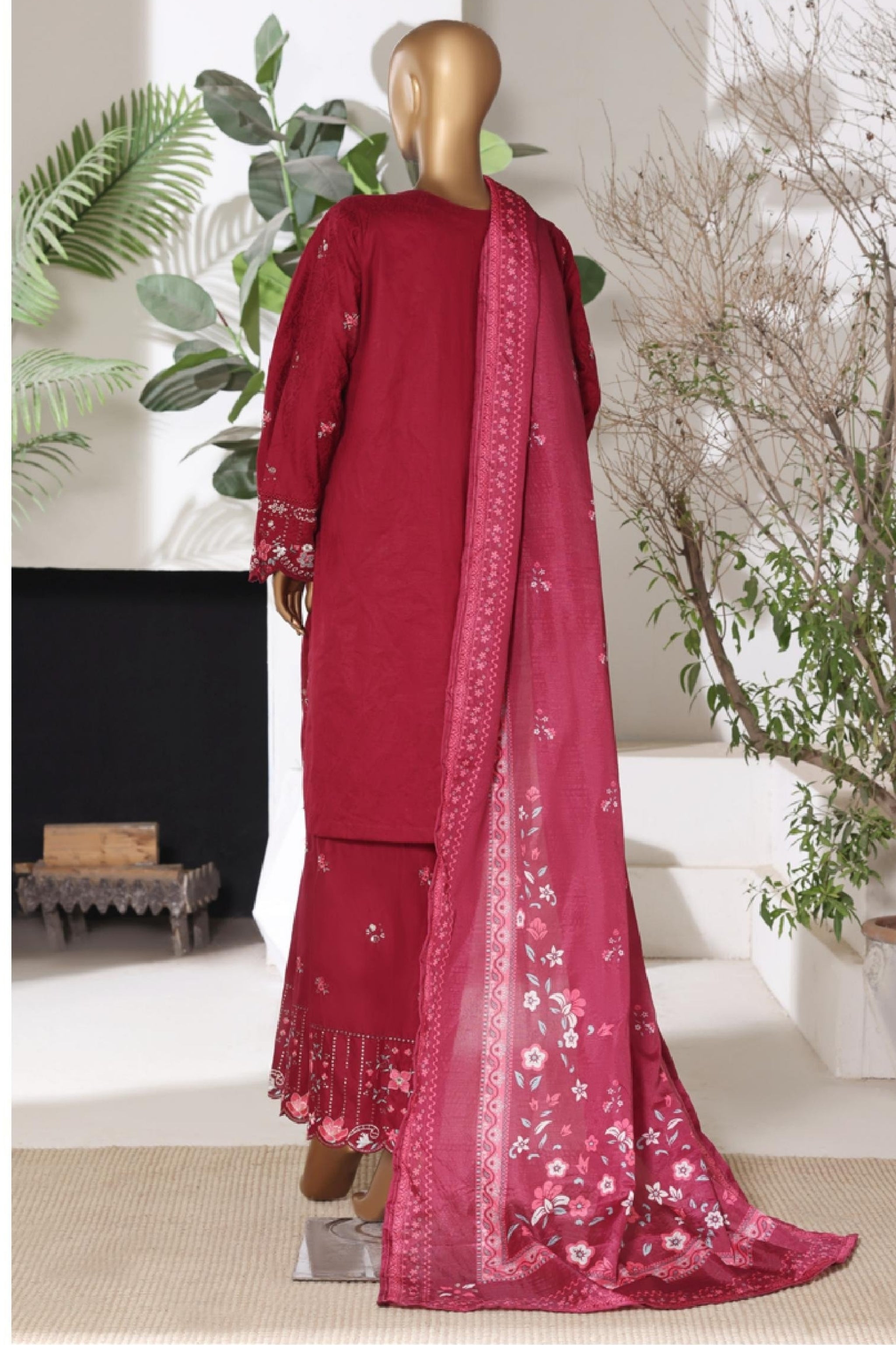 BSJ-007 Maroon Bin Saeed Luxury Embroidered Jacquard 3 Piece Suit