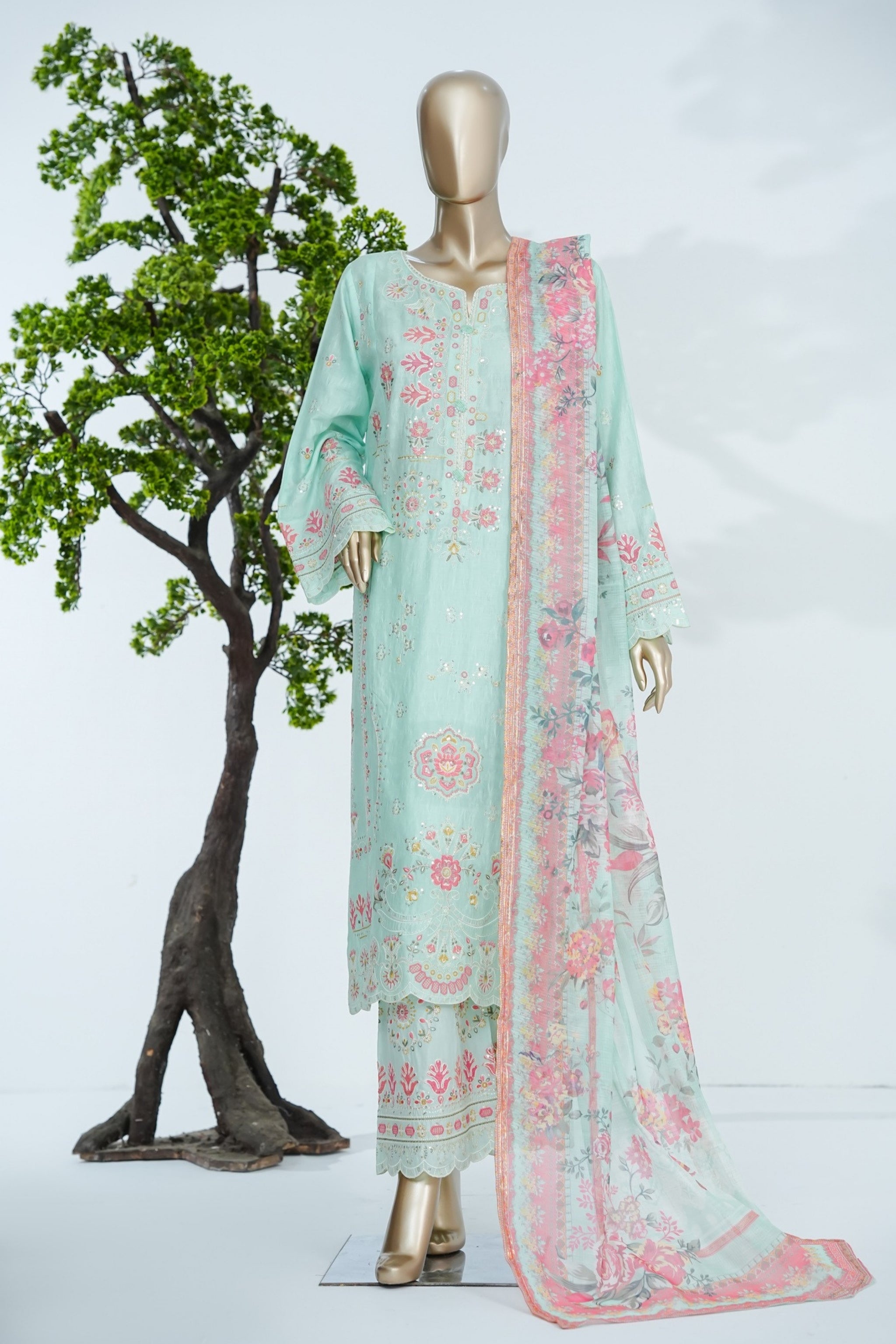 BS-004 - Bin Saeed Embroidered Printed Gaquard - light Mind Green