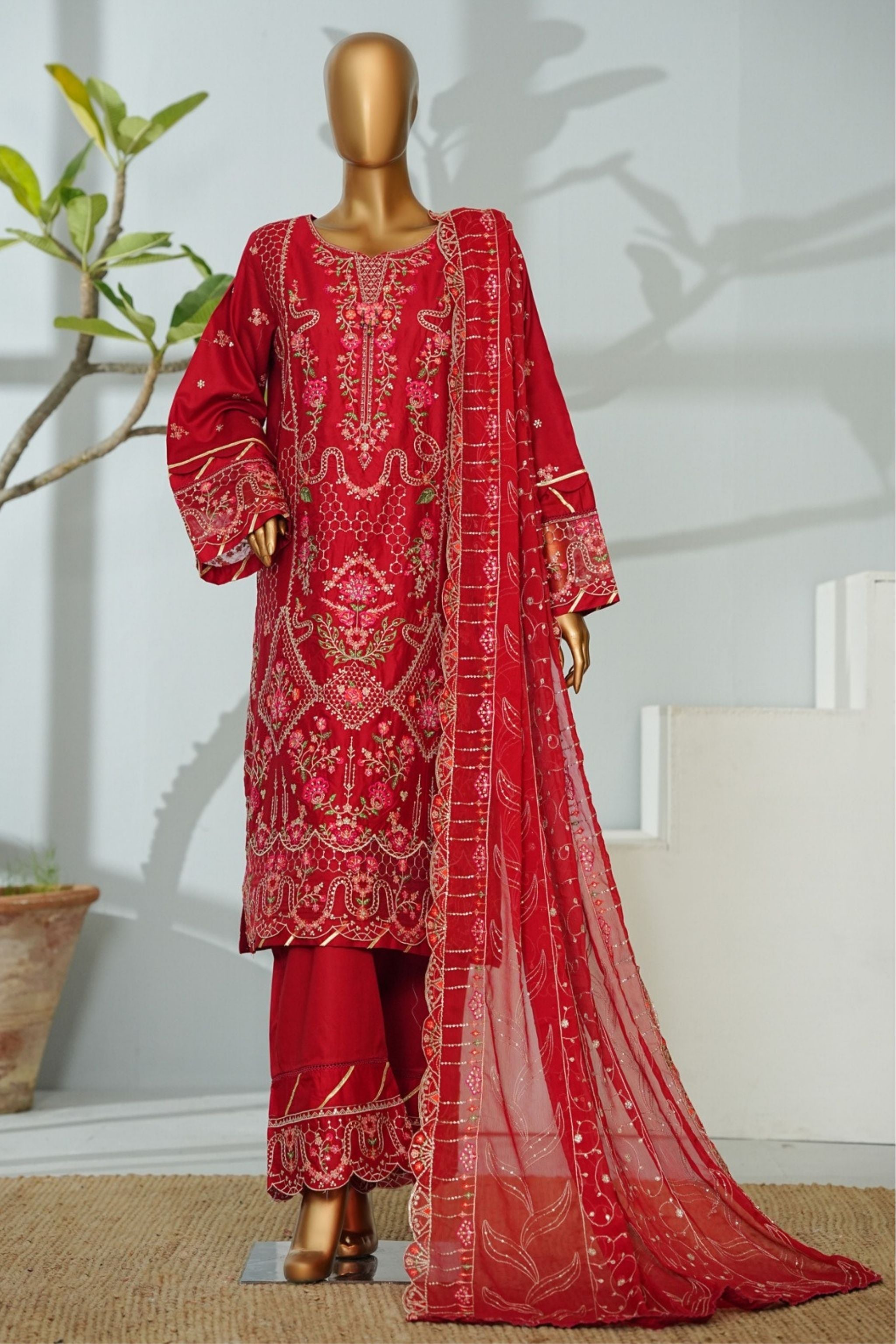 ECF-03 Bin Saeed Original Crimson Red Embroidered Cotton Fabric 3-Piece Suit - Size S-M-L