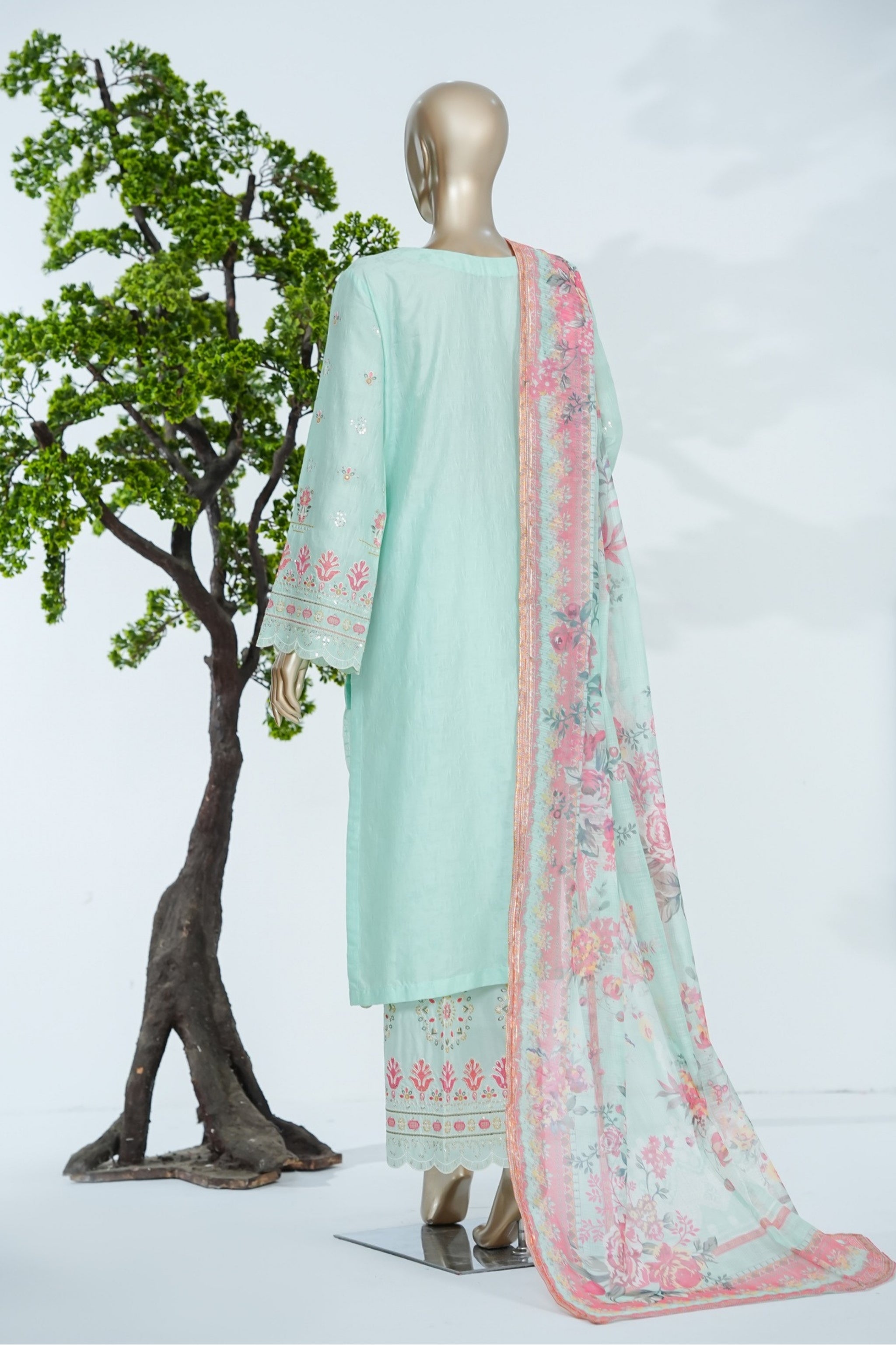BS-004 - Bin Saeed Embroidered Printed Gaquard - light Mind Green