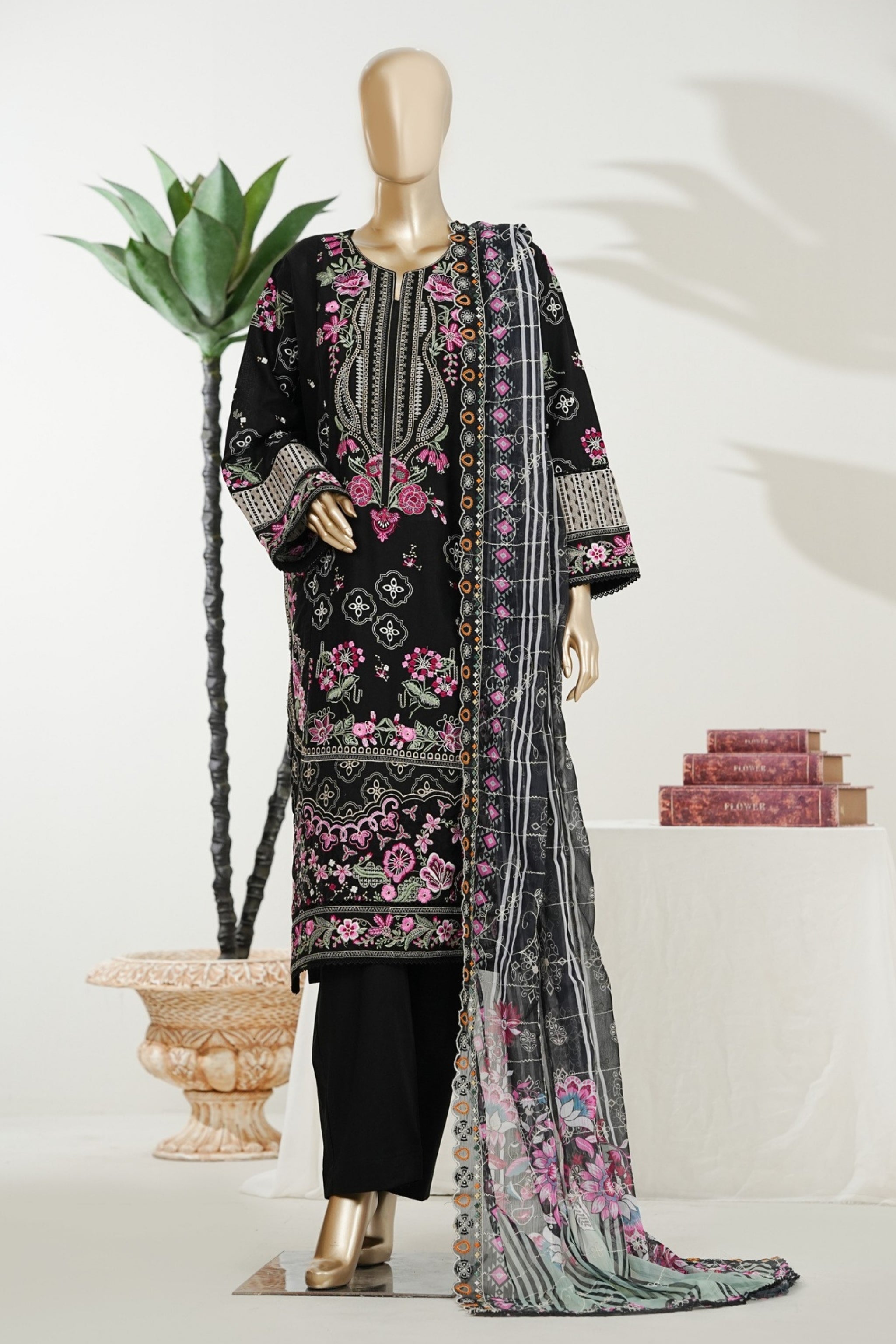 BM-010 - Bin Saeed Embroidered Printed Lawn - Black
