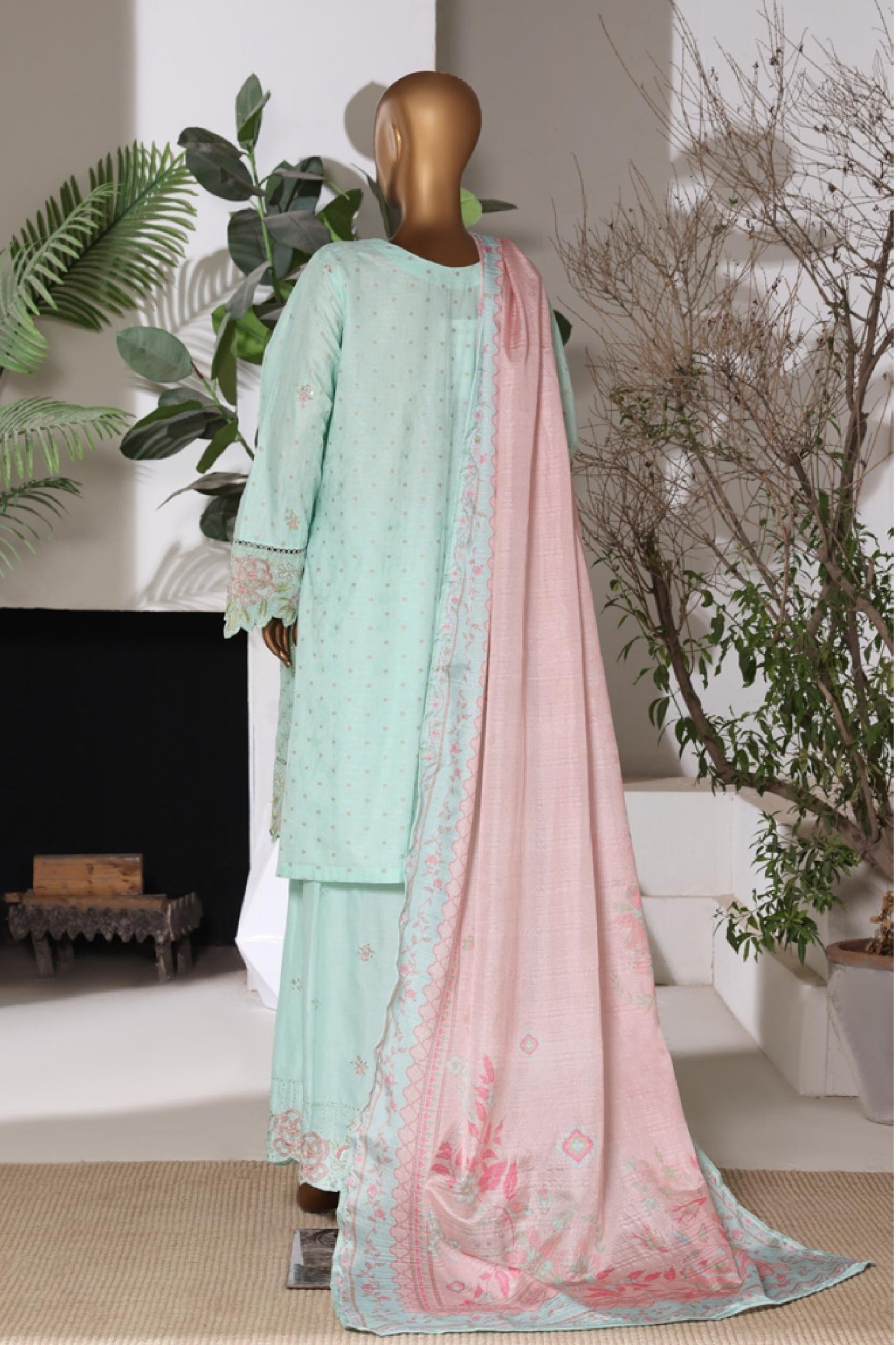 BSJ-003 Mint Green Bin Saeed Luxury Embroidered Jacquard 3 Piece Suit